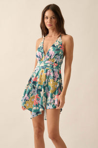 Teal Tease Floral Satin Handkerchief Mini Dress - ShopPromesa