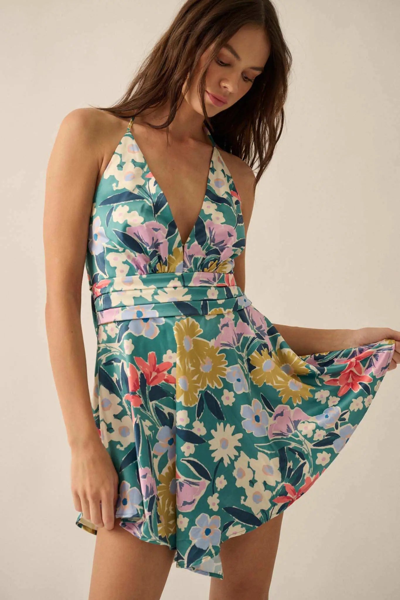 Teal Tease Floral Satin Handkerchief Mini Dress Pine Green / S Teal Tease Floral Satin Handkerchief Mini Dress Pine Green / S