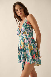 Teal Tease Floral Satin Handkerchief Mini Dress - ShopPromesa