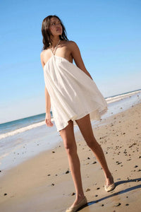 Starting Fresh Lace-Panel Mini Halter Swing Dress Off White / L