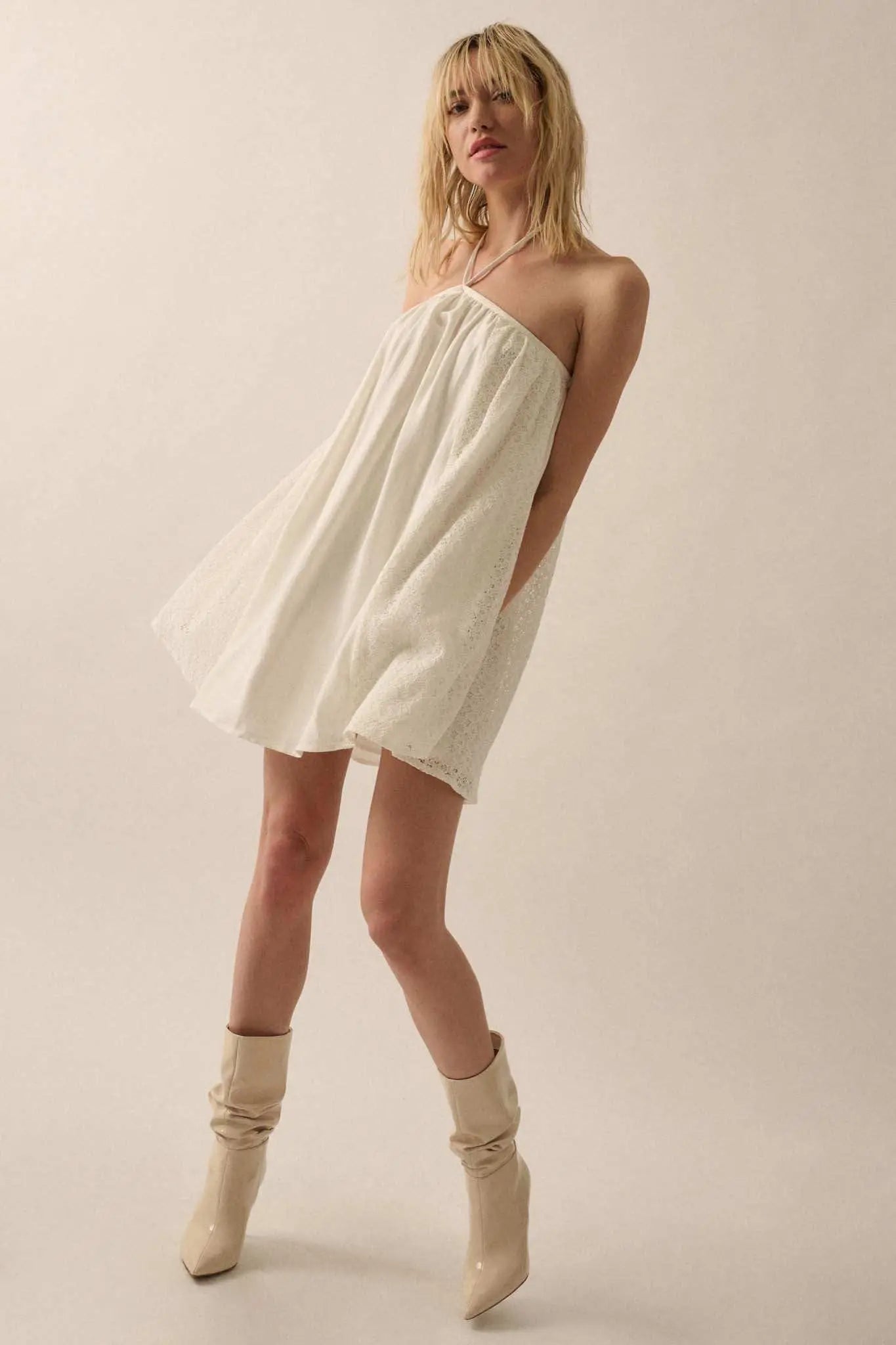 Starting Fresh Lace-Panel Mini Halter Swing Dress Warm Olive / M Starting Fresh Lace-Panel Mini Halter Swing Dress Warm Olive / M