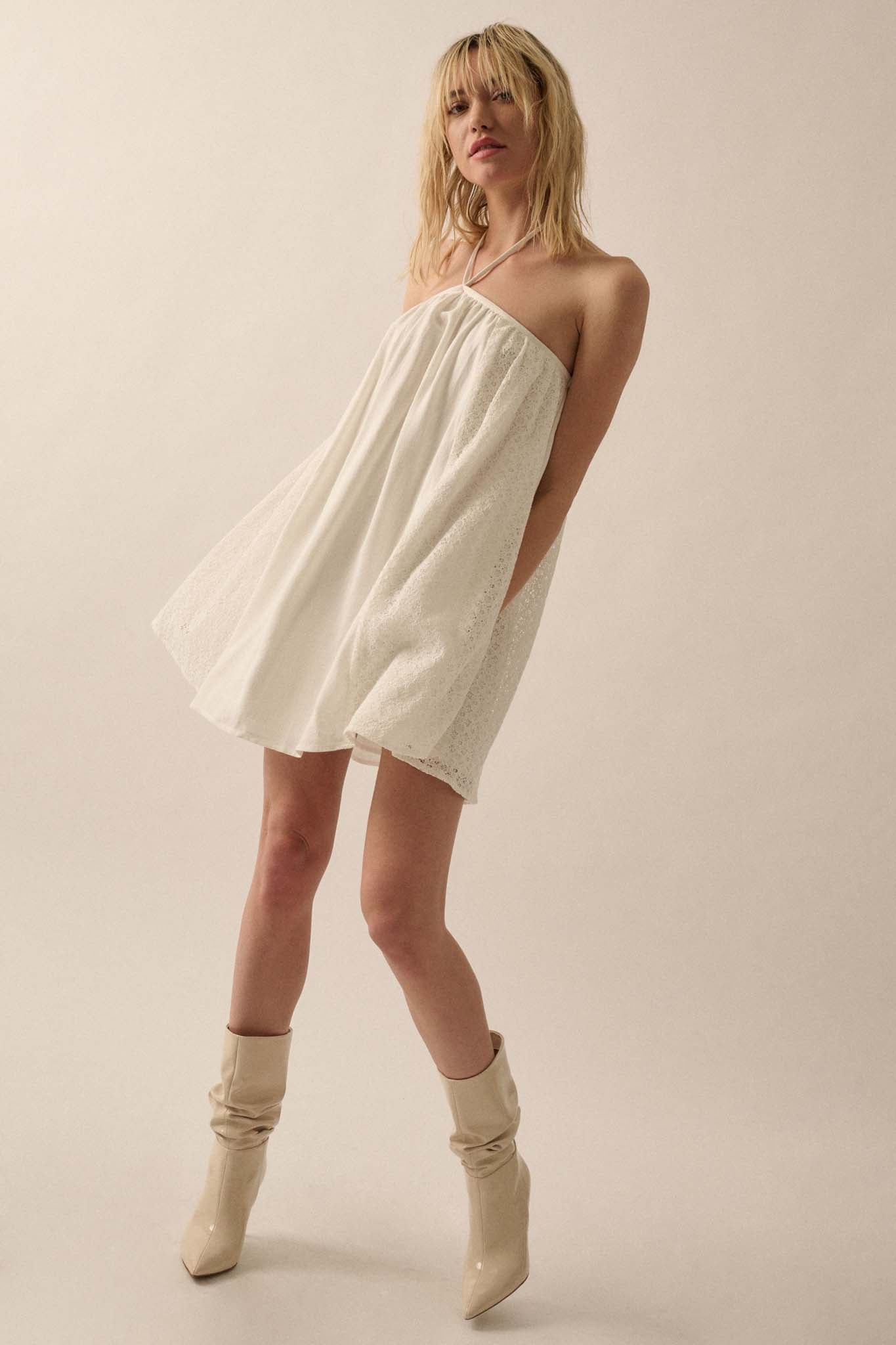 Starting Fresh Lace-Panel Mini Halter Swing Dress - ShopPromesa