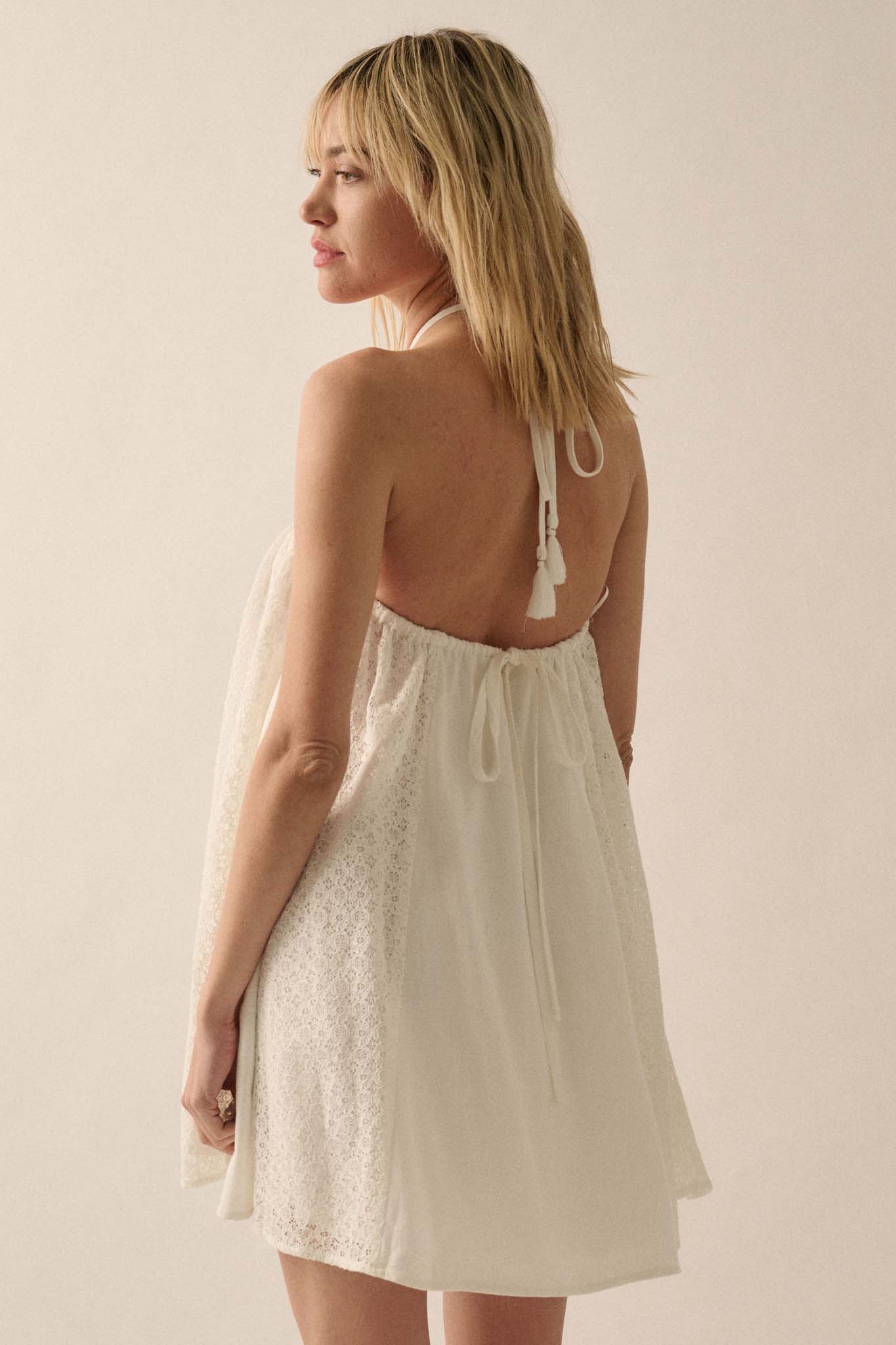 Starting Fresh Lace-Panel Mini Halter Swing Dress - ShopPromesa