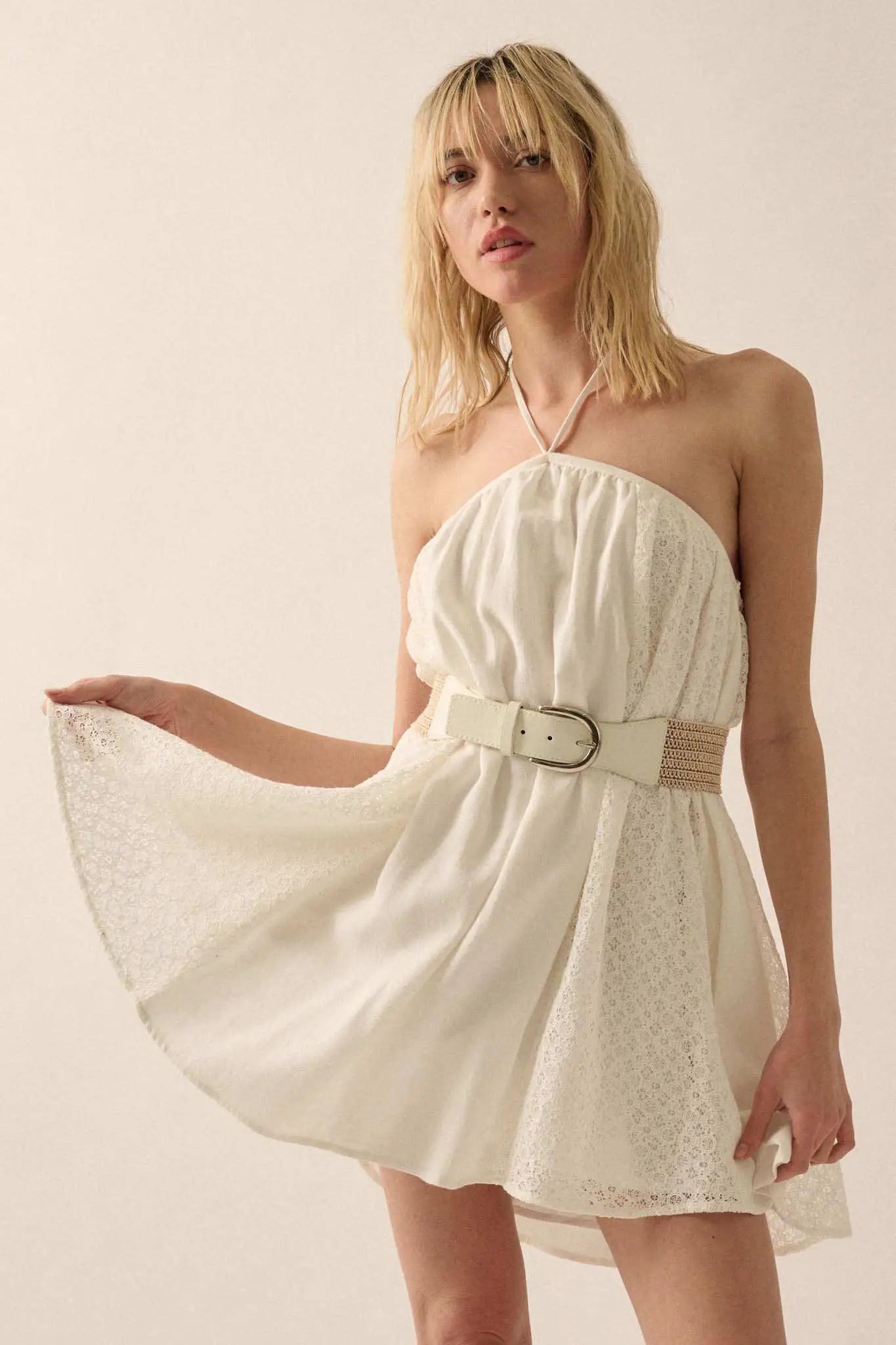 Starting Fresh Lace-Panel Mini Halter Swing Dress Warm Olive / M Starting Fresh Lace-Panel Mini Halter Swing Dress Warm Olive / M
