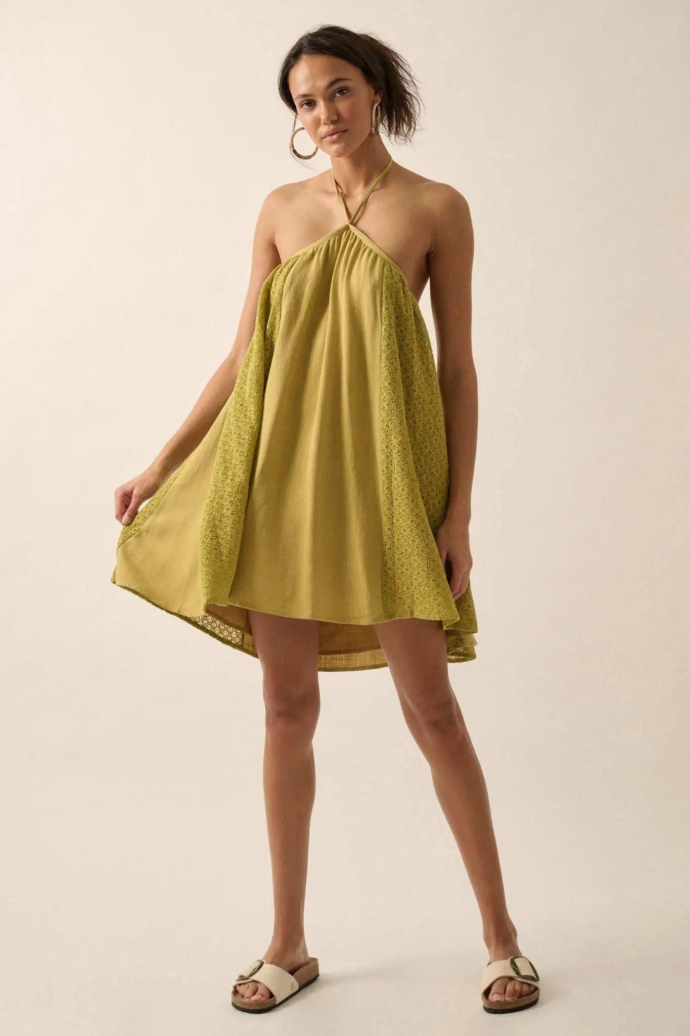 Starting Fresh Lace-Panel Mini Halter Swing Dress, Warm Olive / L