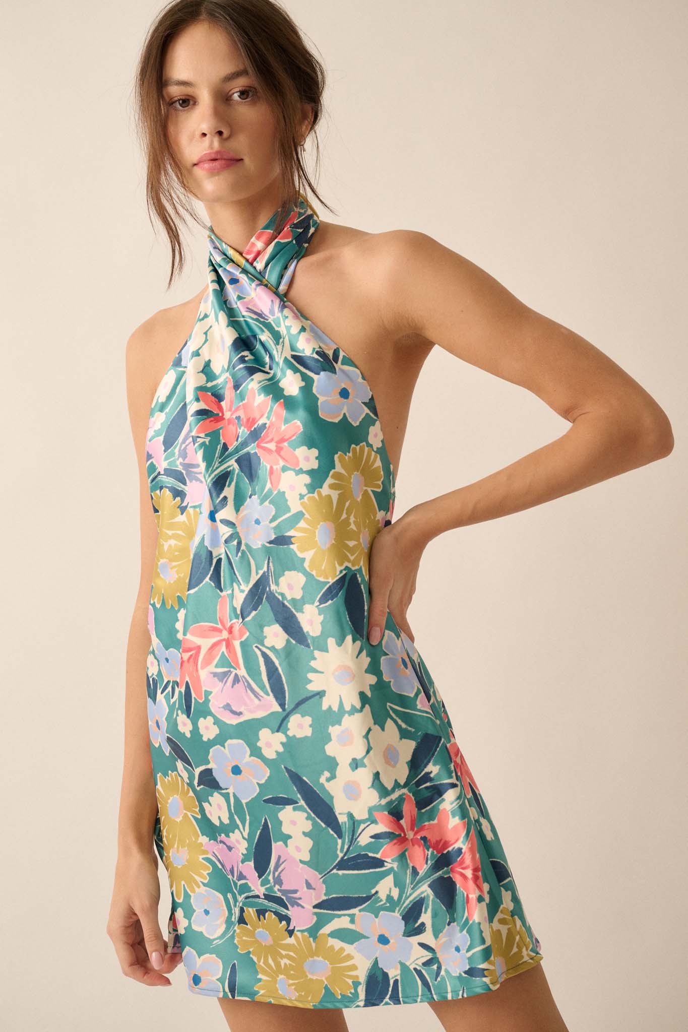 Terrific Teal Floral Satin Cross-Front Mini Dress - ShopPromesa