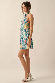 Terrific Teal Floral Satin Cross-Front Mini Dress - ShopPromesa
