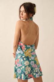 Terrific Teal Floral Satin Cross-Front Mini Dress - ShopPromesa