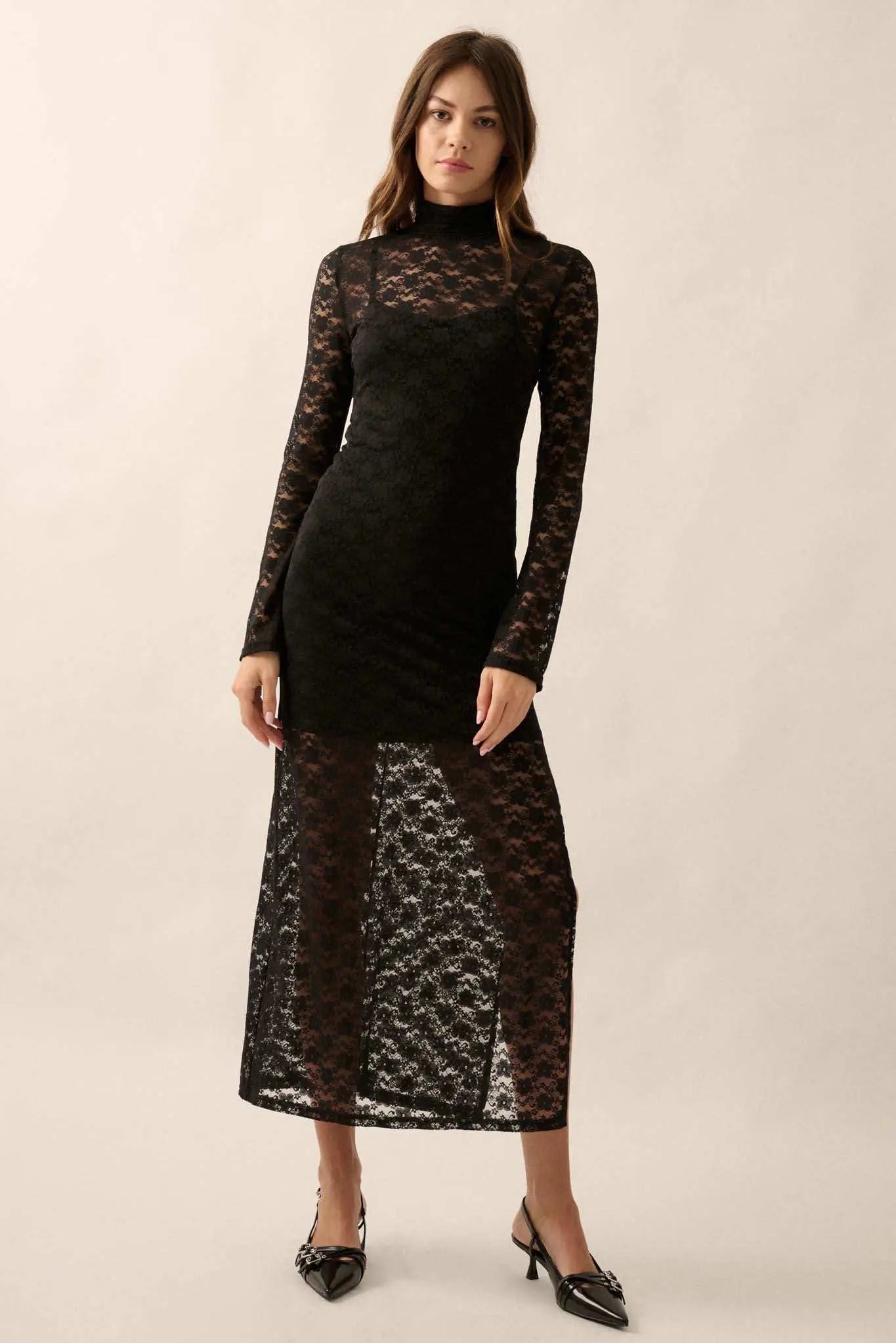 Black Honey Floral Lace Mock-Neck Midi Dress, Black / M Black Honey Floral Lace Mock-Neck Midi Dress, Black / M
