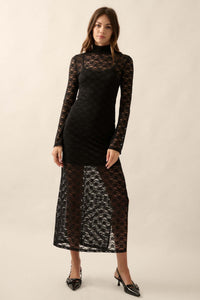 Black Beauty Floral Lace Mock-Neck Midi Dress - ShopPromesa