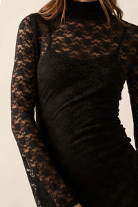 Black Beauty Floral Lace Mock-Neck Midi Dress - ShopPromesa