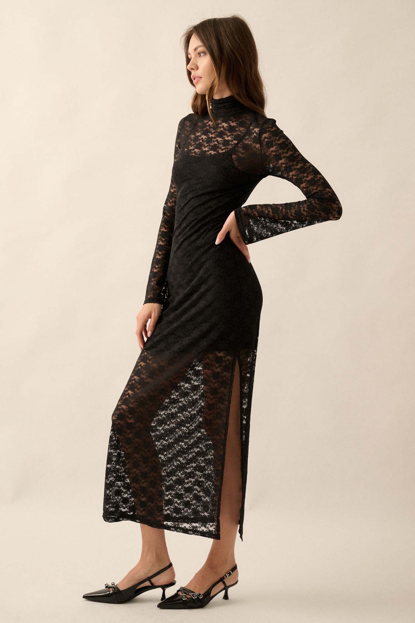 Black Beauty Floral Lace Mock-Neck Midi Dress - ShopPromesa