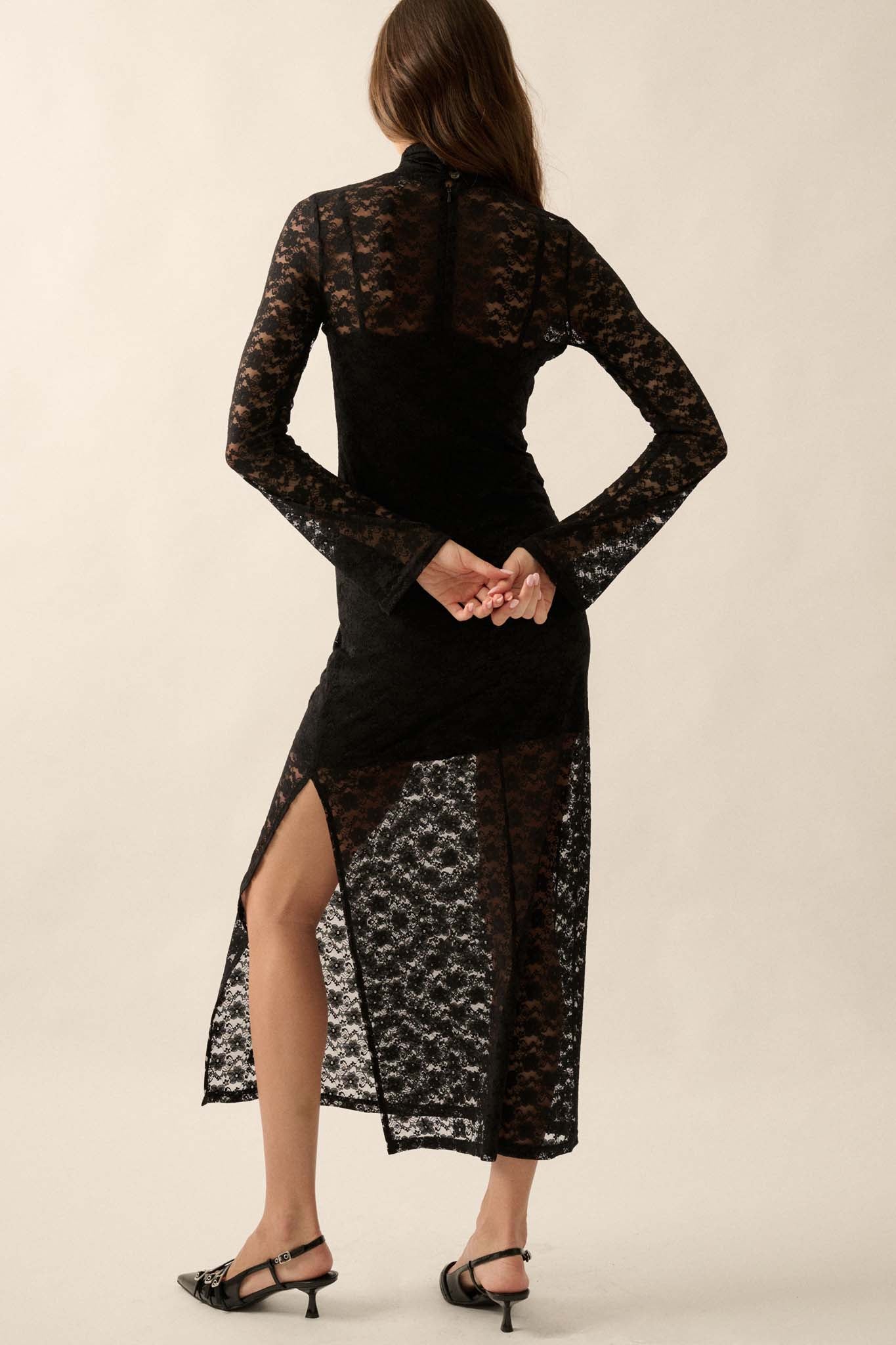 Black Beauty Floral Lace Mock-Neck Midi Dress - ShopPromesa