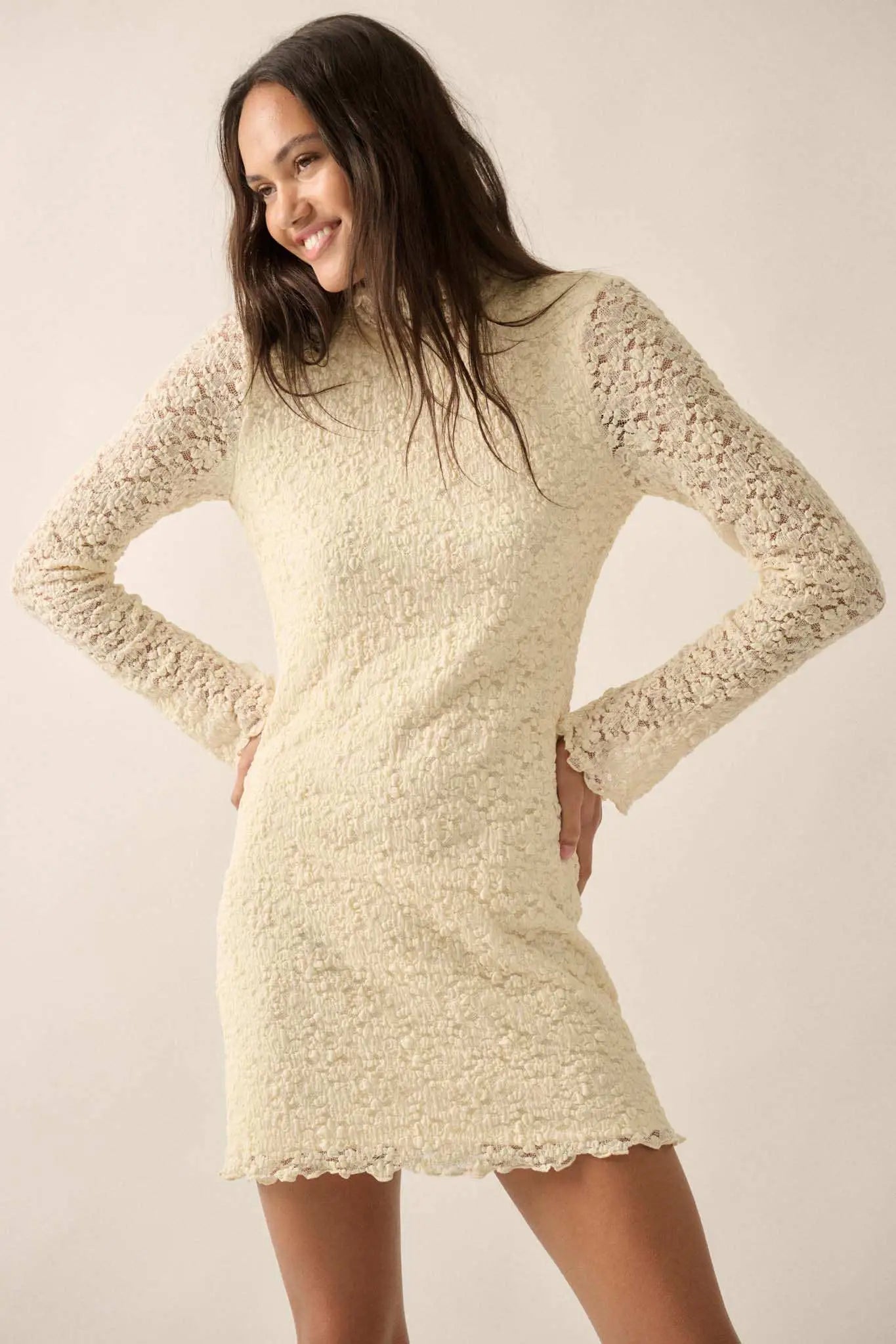 Afternoon Angel Floral Lace Mock-Neck Mini Dress, Cream / S Afternoon Angel Floral Lace Mock-Neck Mini Dress, Cream / S