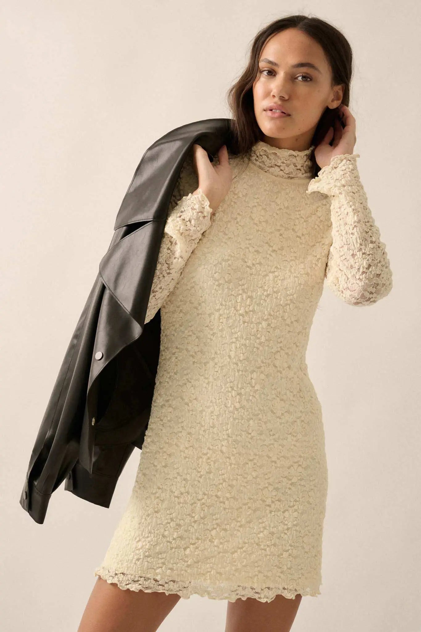 lace mock neck sheath dress Aqua Floral Lace Mock Neck Mini Dress -Exclusive - Black
