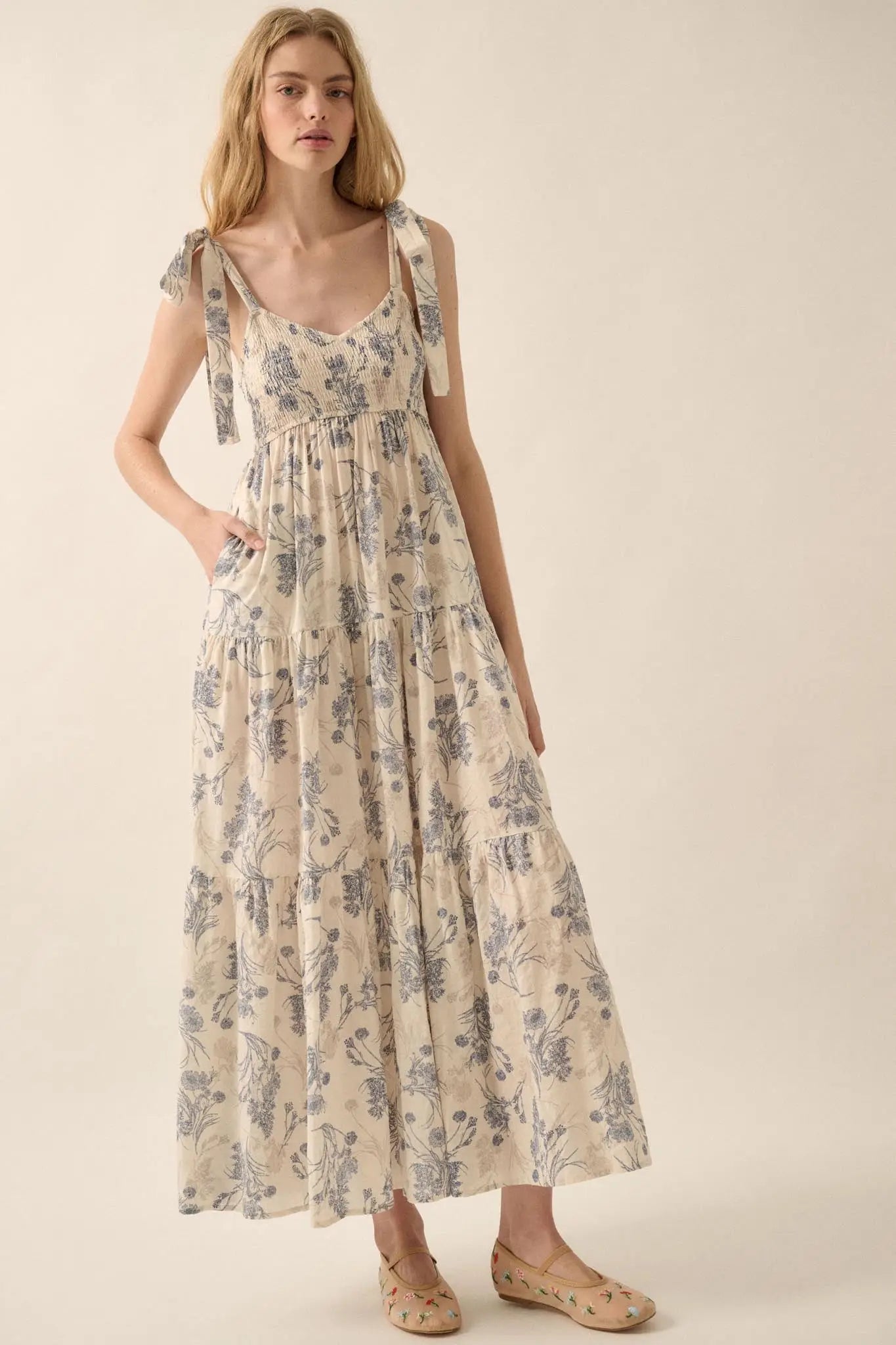 Sentimental Beauty Floral Tiered Ruffle Maxi Dress, Natural & Orange / M Sentimental Beauty Floral Tiered Ruffle Maxi Dress, Natural & Orange / M