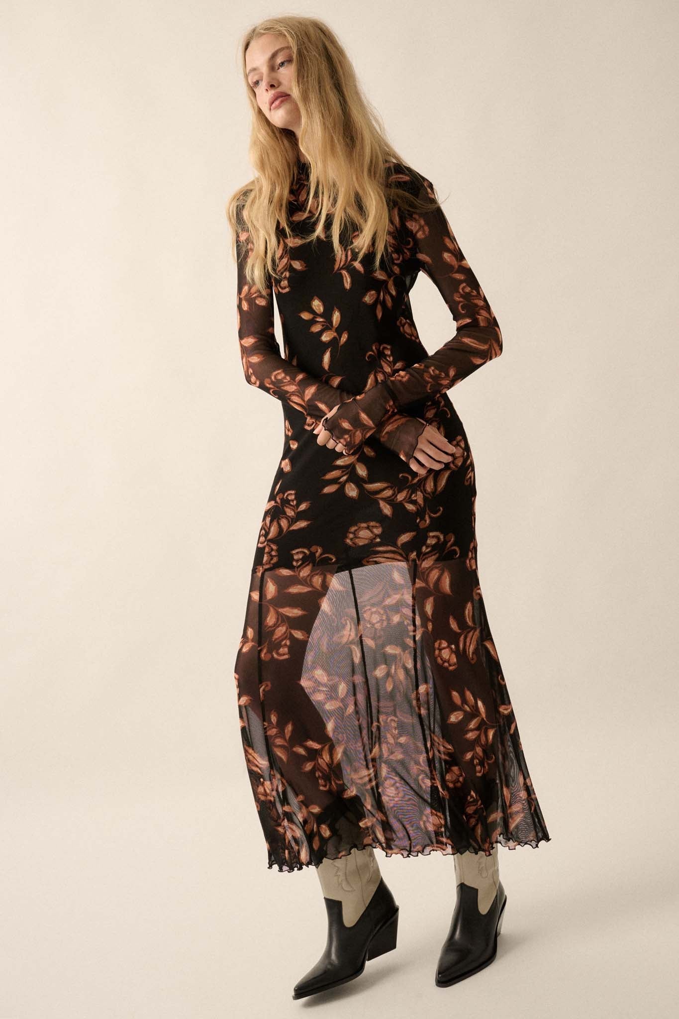 Fabulous Fall Floral Mesh Mock-Neck Maxi Dress - ShopPromesa