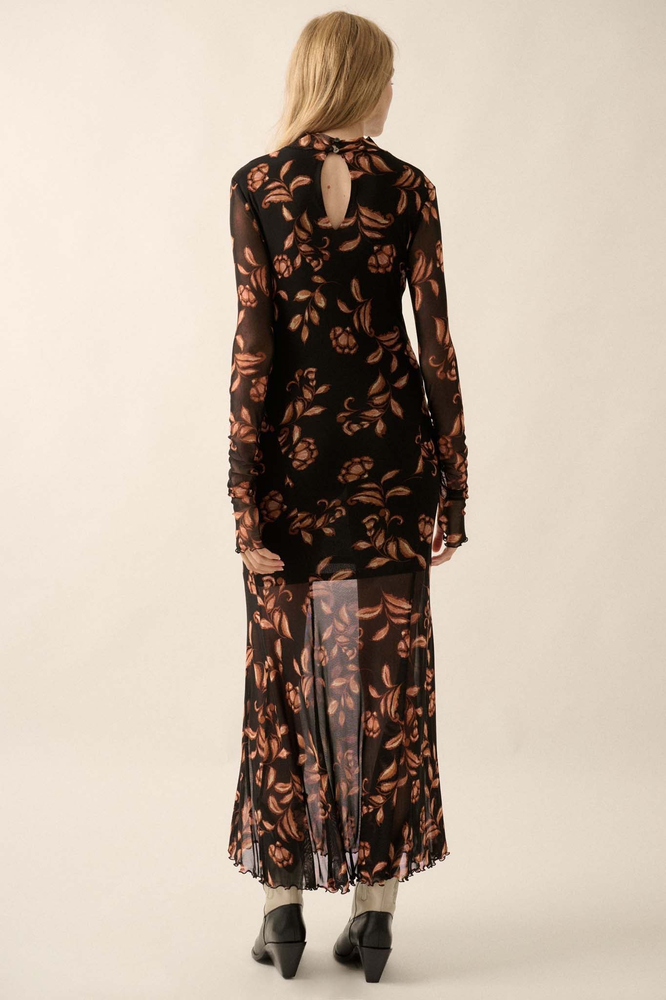 Fabulous Fall Floral Mesh Mock-Neck Maxi Dress - ShopPromesa