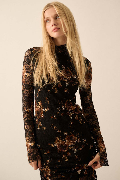 Golden Hour Floral-Print Lace Mock-Neck Dress - ShopPromesa