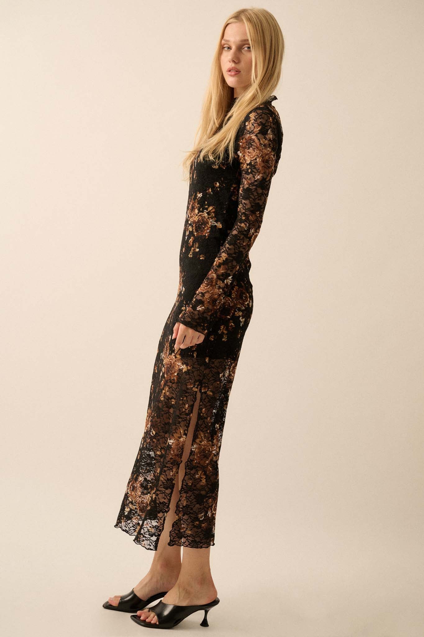 Golden Hour Floral-Print Lace Mock-Neck Dress - ShopPromesa