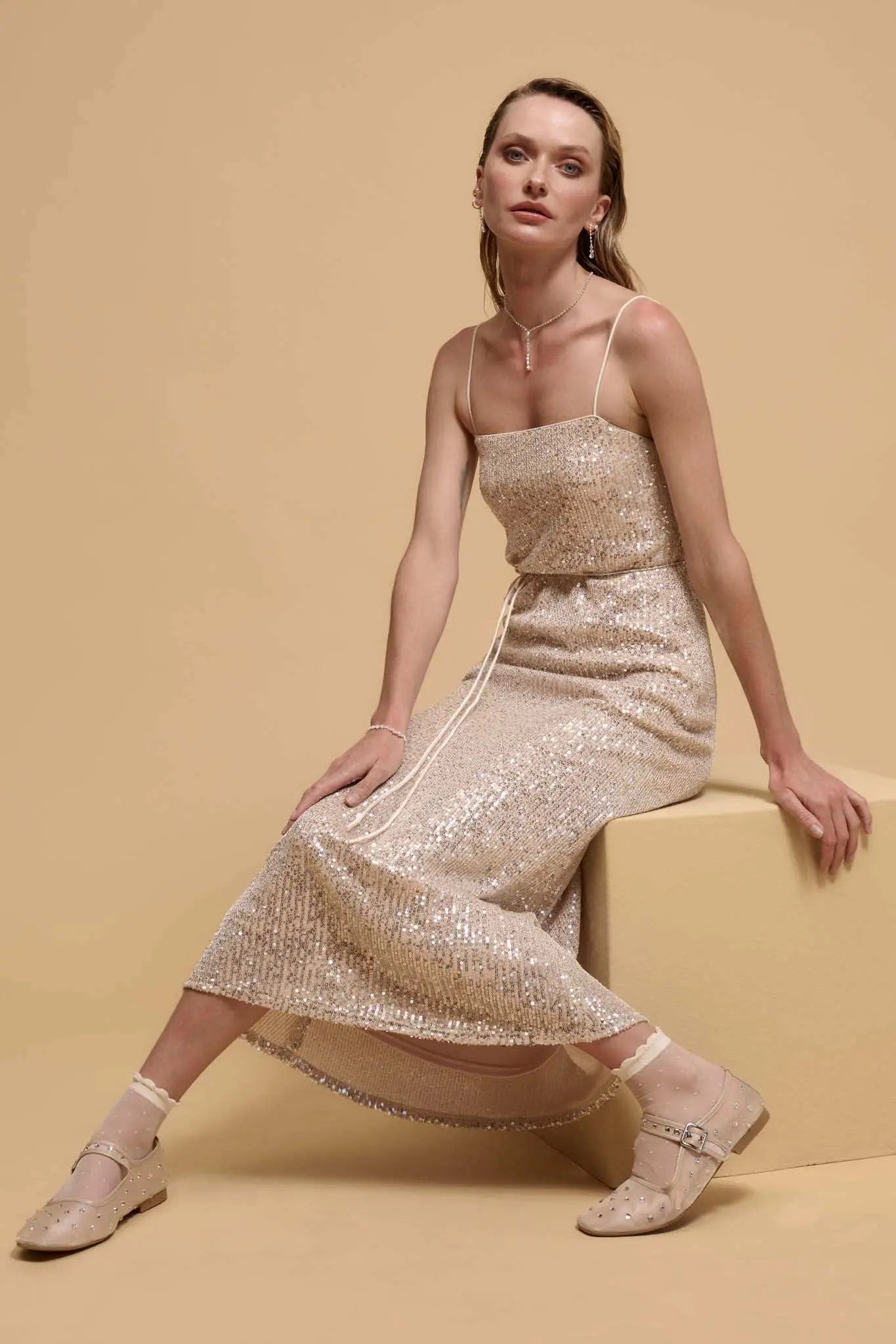 All That Glitters Sequin Midi Slip Dress, Champagne / M All That Glitters Sequin Midi Slip Dress, Champagne / M