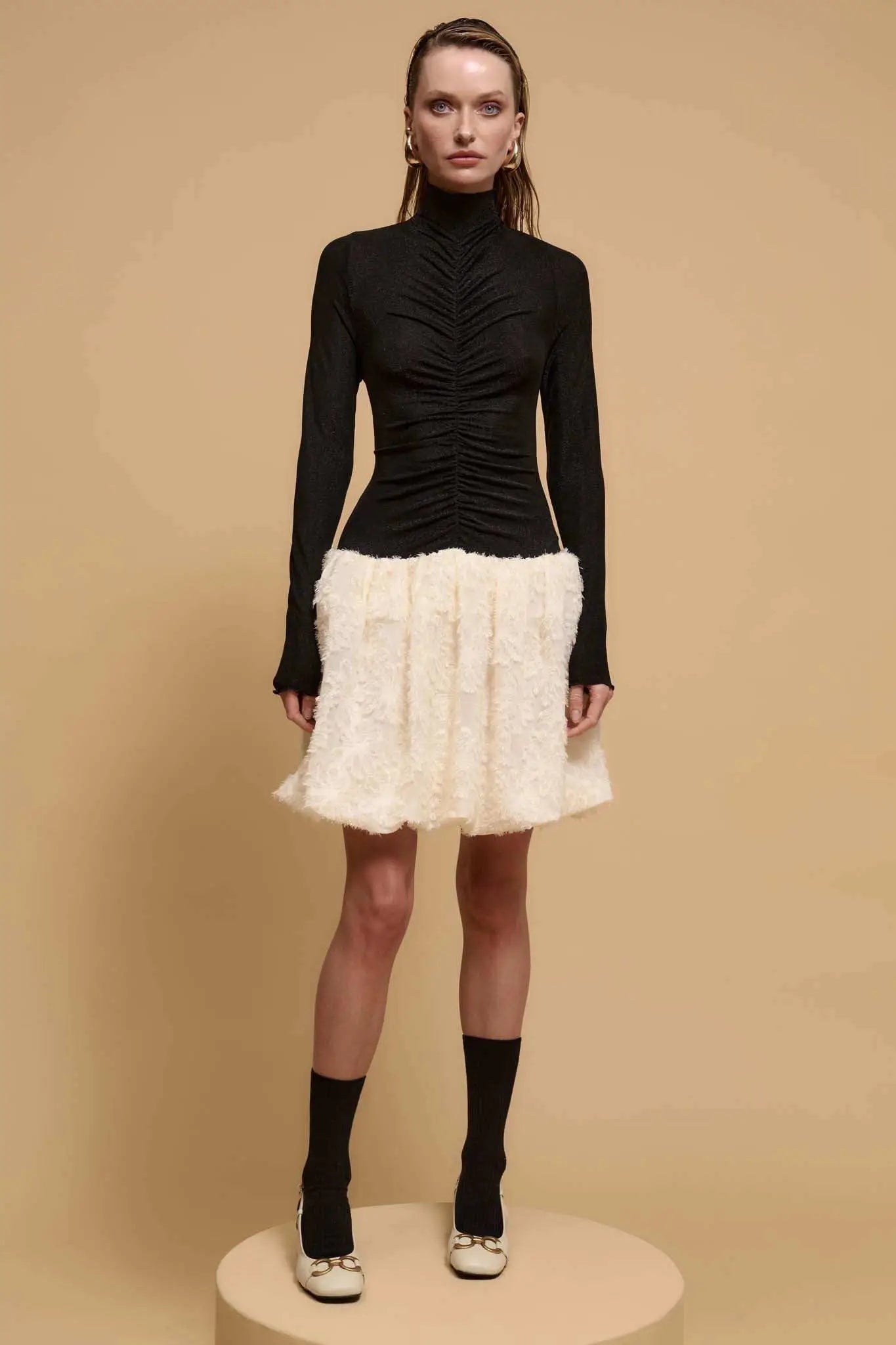 Winter Skies Ruched Mock-Neck Bubble Mini Dress, Black / M Winter Skies Ruched Mock-Neck Bubble Mini Dress, Black / M