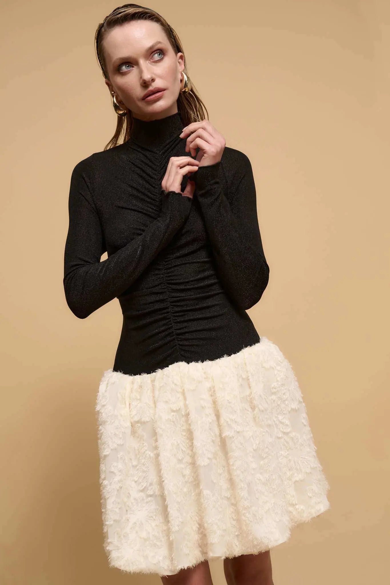 Winter Skies Ruched Mock-Neck Bubble Mini Dress, Black / M Winter Skies Ruched Mock-Neck Bubble Mini Dress, Black / M