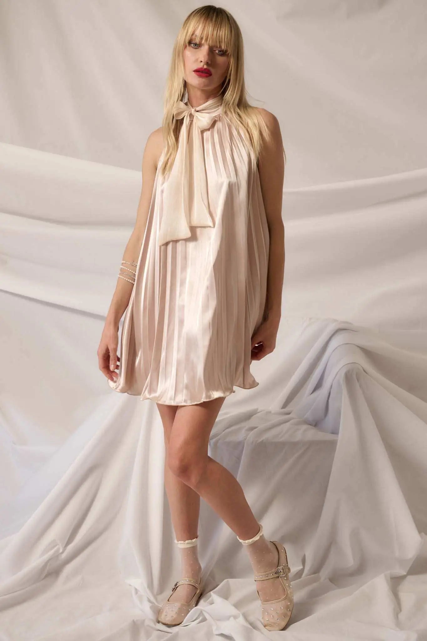 Satin Dreams Pleated Halter Babydoll Mini Dress Gunmetal / M Satin Dreams Pleated Halter Babydoll Mini Dress Gunmetal / M