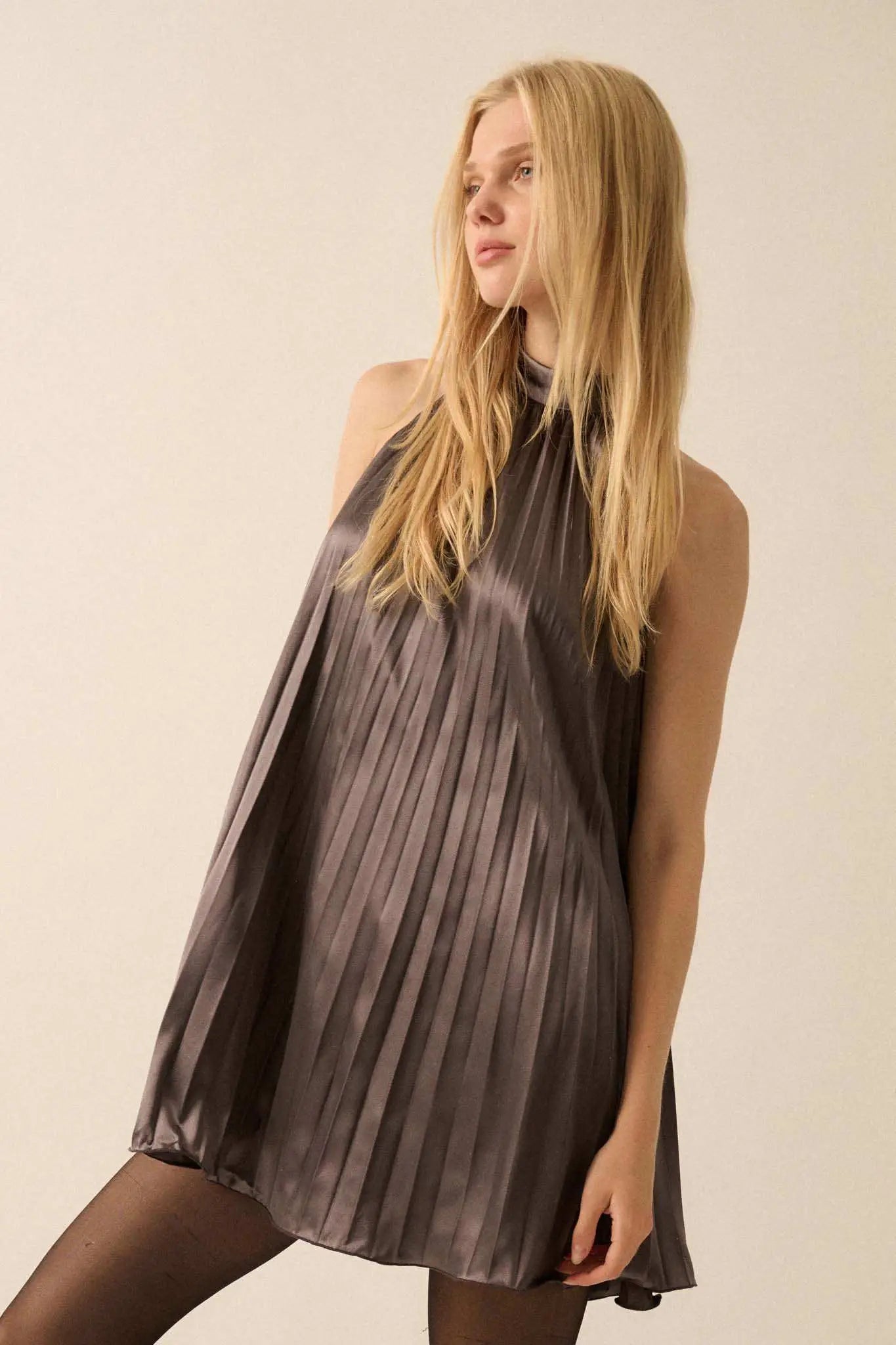 Satin Dreams Pleated Halter Babydoll Mini Dress Gunmetal / M Satin Dreams Pleated Halter Babydoll Mini Dress Gunmetal / M