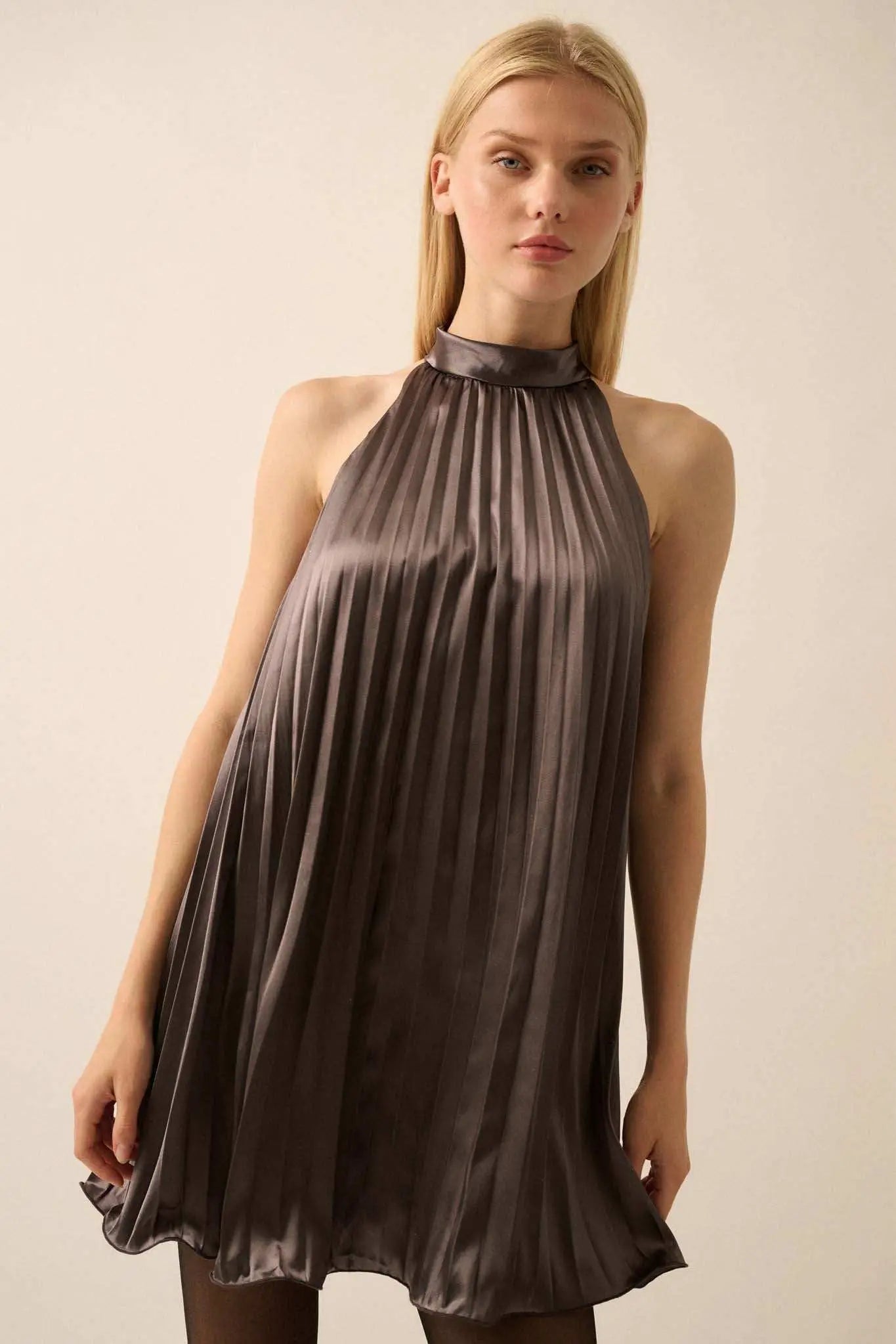 Satin Dreams Pleated Halter Babydoll Mini Dress Gunmetal / M Satin Dreams Pleated Halter Babydoll Mini Dress Gunmetal / M