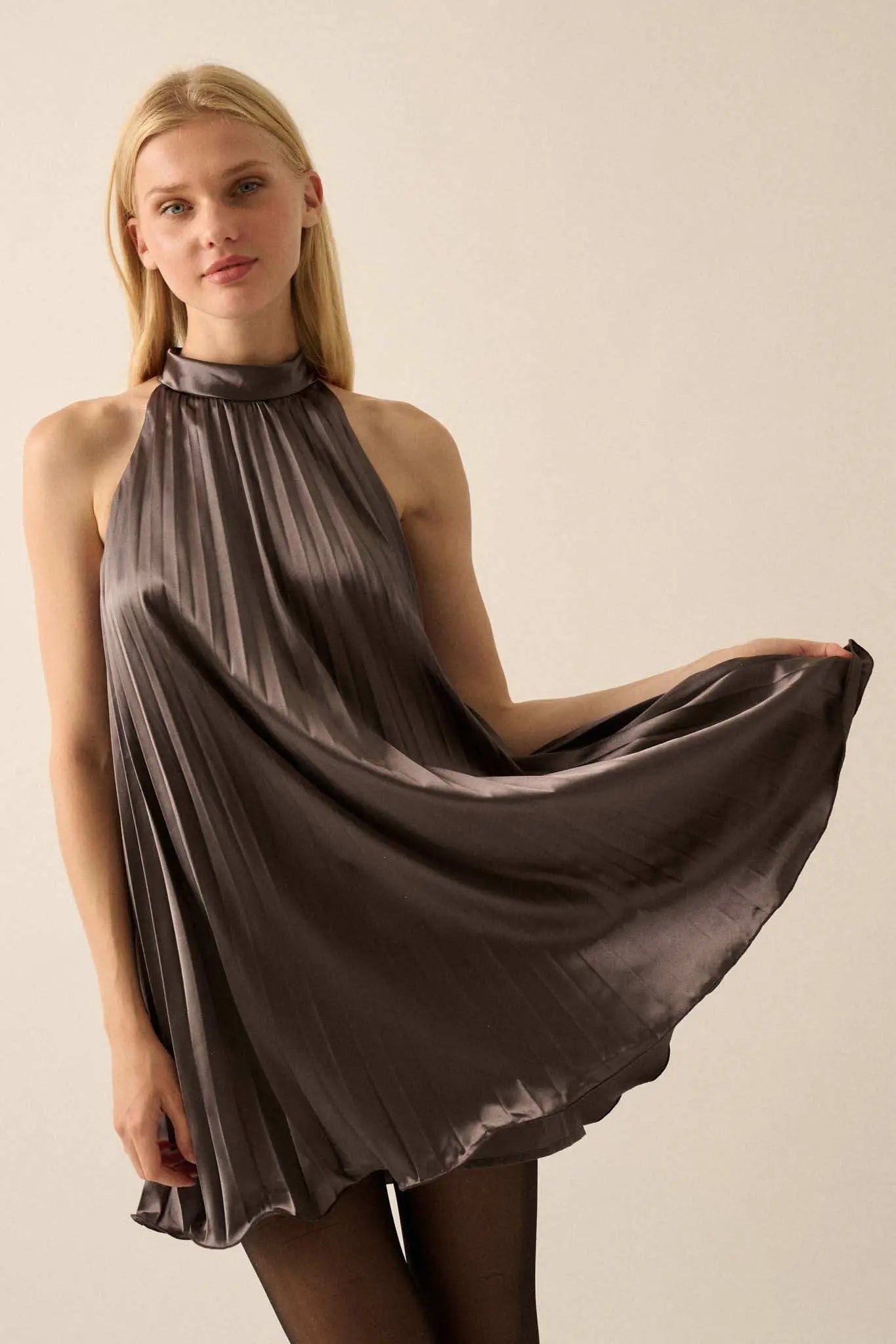 Satin Dreams Pleated Halter Babydoll Mini Dress Gunmetal / M Satin Dreams Pleated Halter Babydoll Mini Dress Gunmetal / M