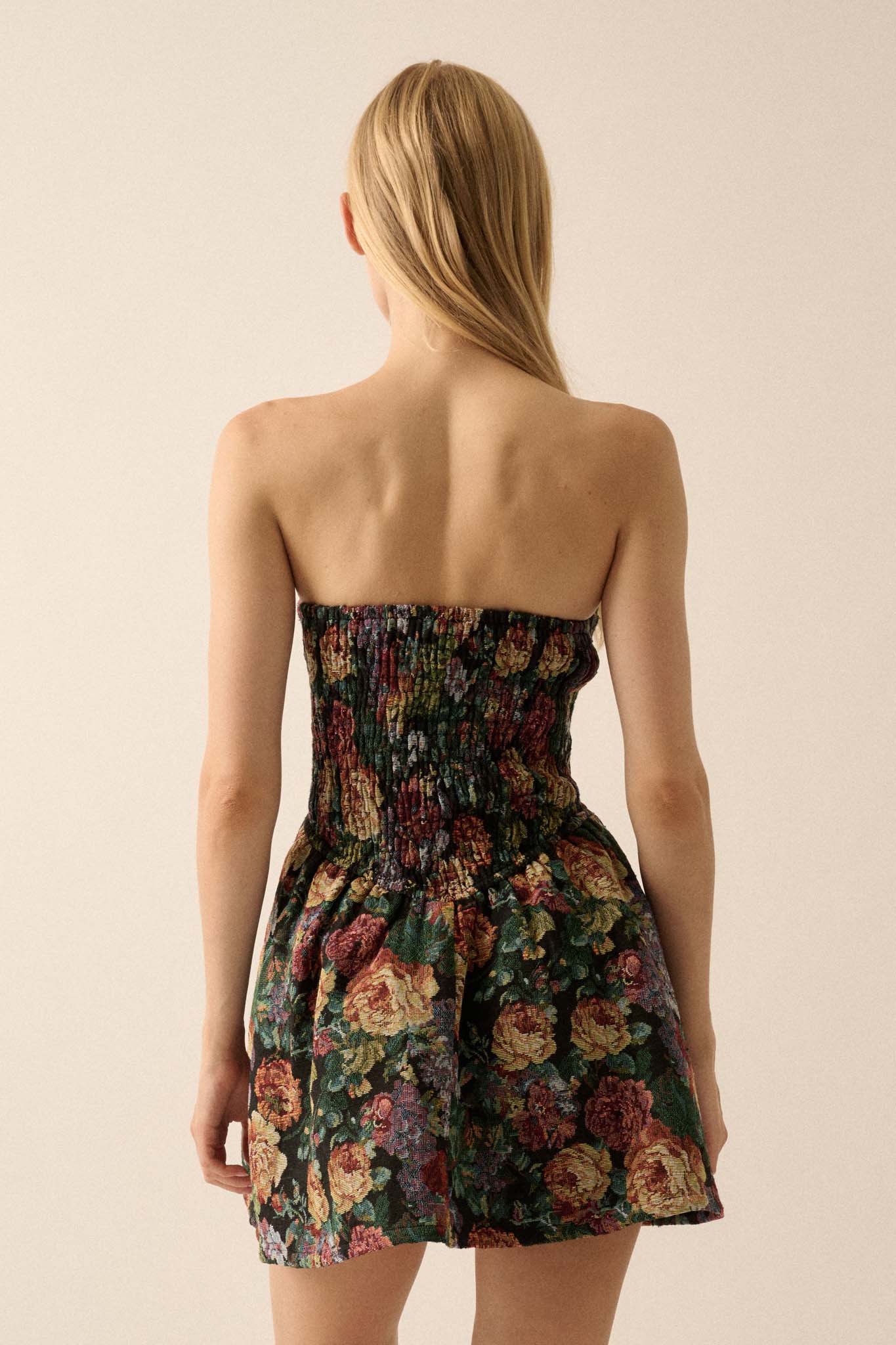 Arras Blooms Floral Tapestry Strapless Mini Dress - ShopPromesa