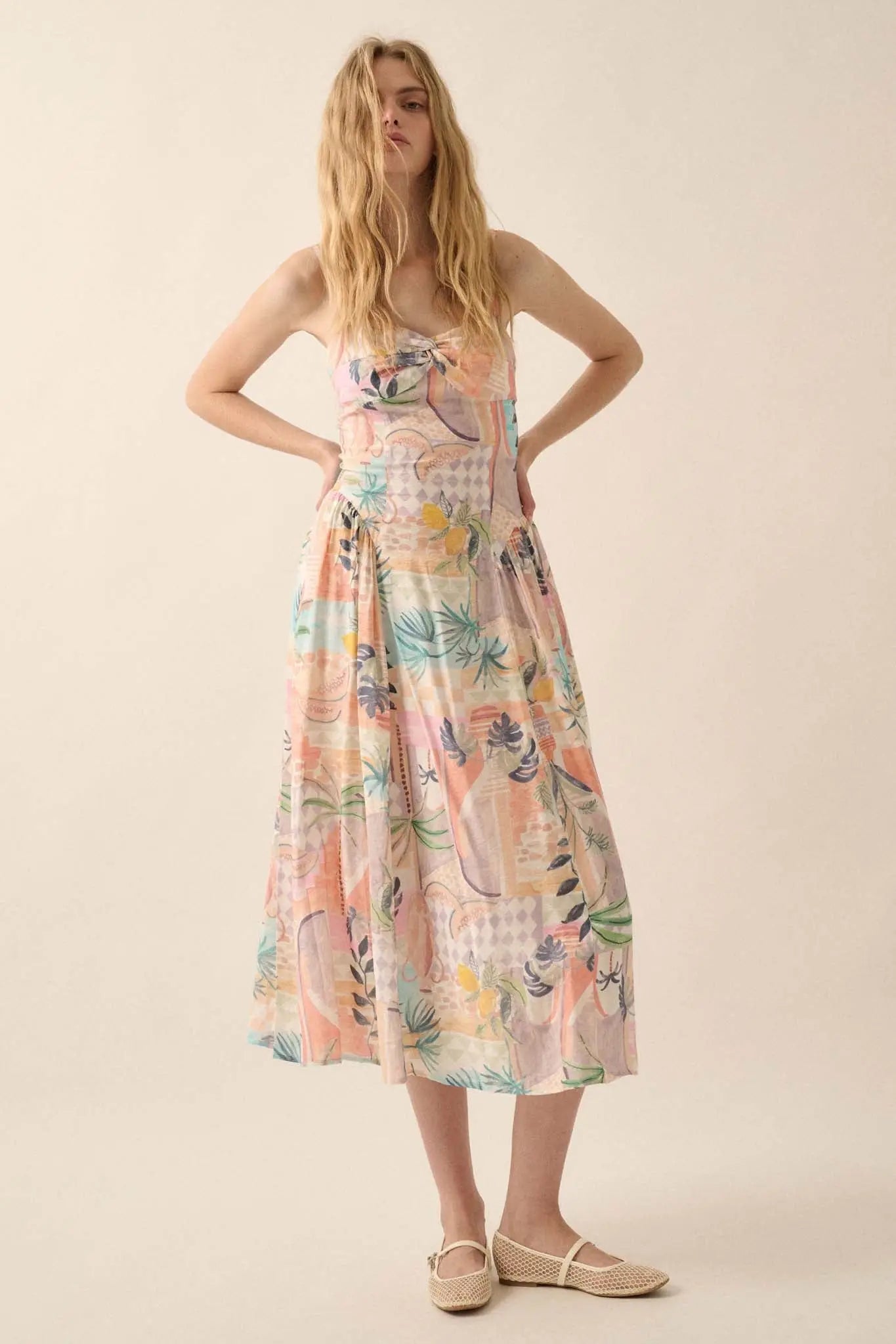 Meet Me in Miami Tropical Motif-Print Midi Dress Soft Pink / M Meet Me in Miami Tropical Motif-Print Midi Dress Soft Pink / M