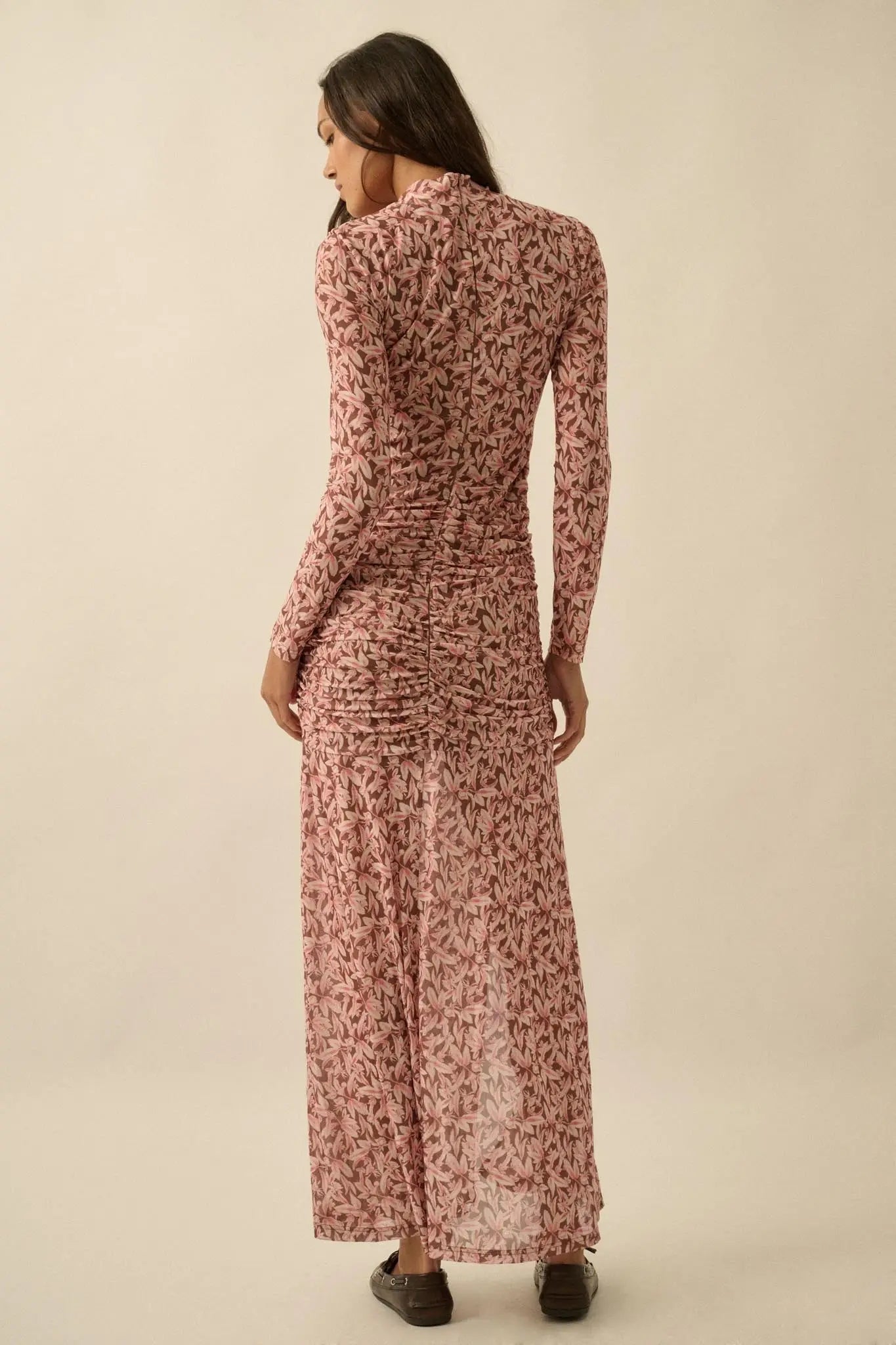brown printed mesh ruched maxi dress Brown Printed Mesh Ruched Maxi Dress