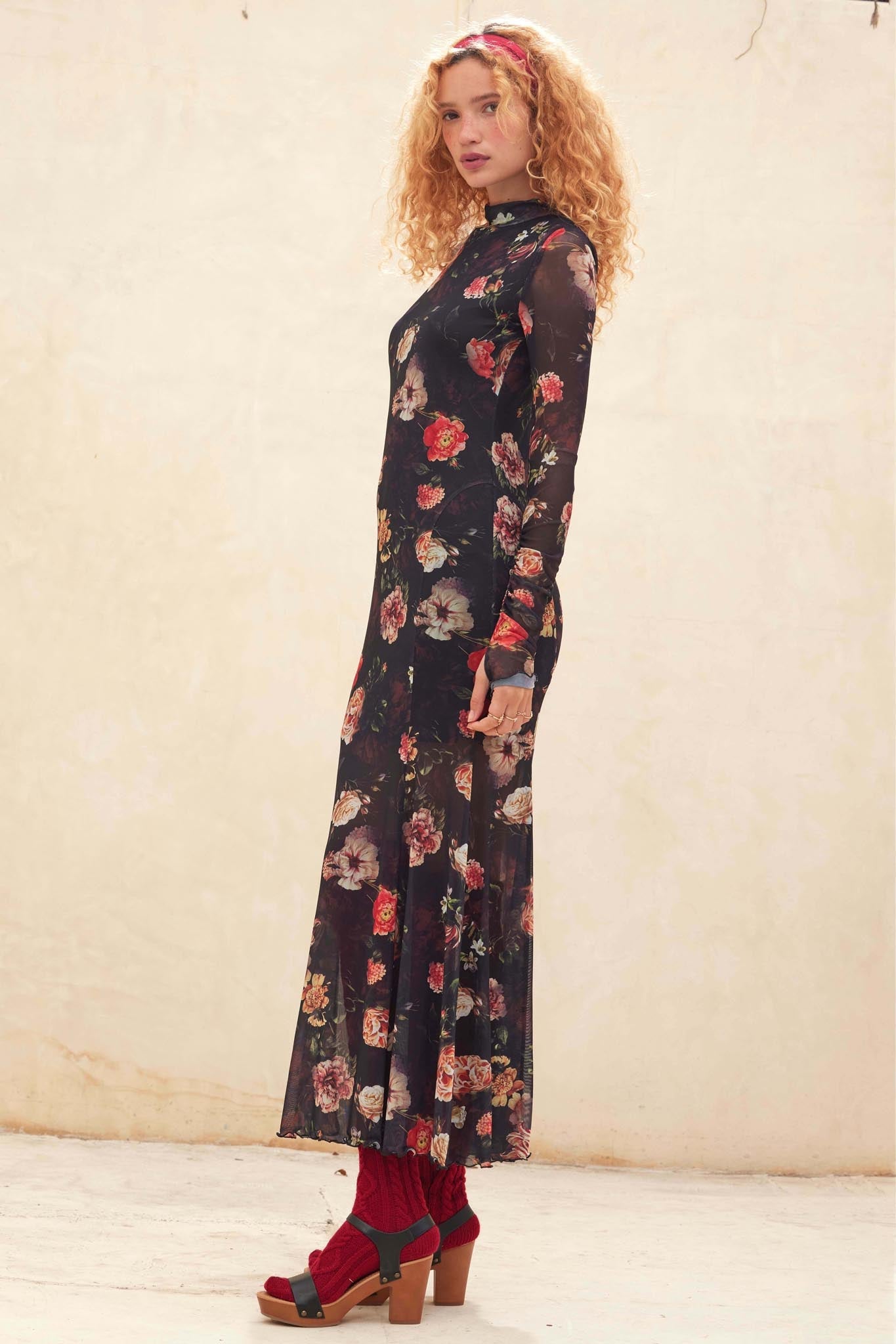 Heritage Blossoms Floral Mesh Mock-Neck Maxi Dress - ShopPromesa