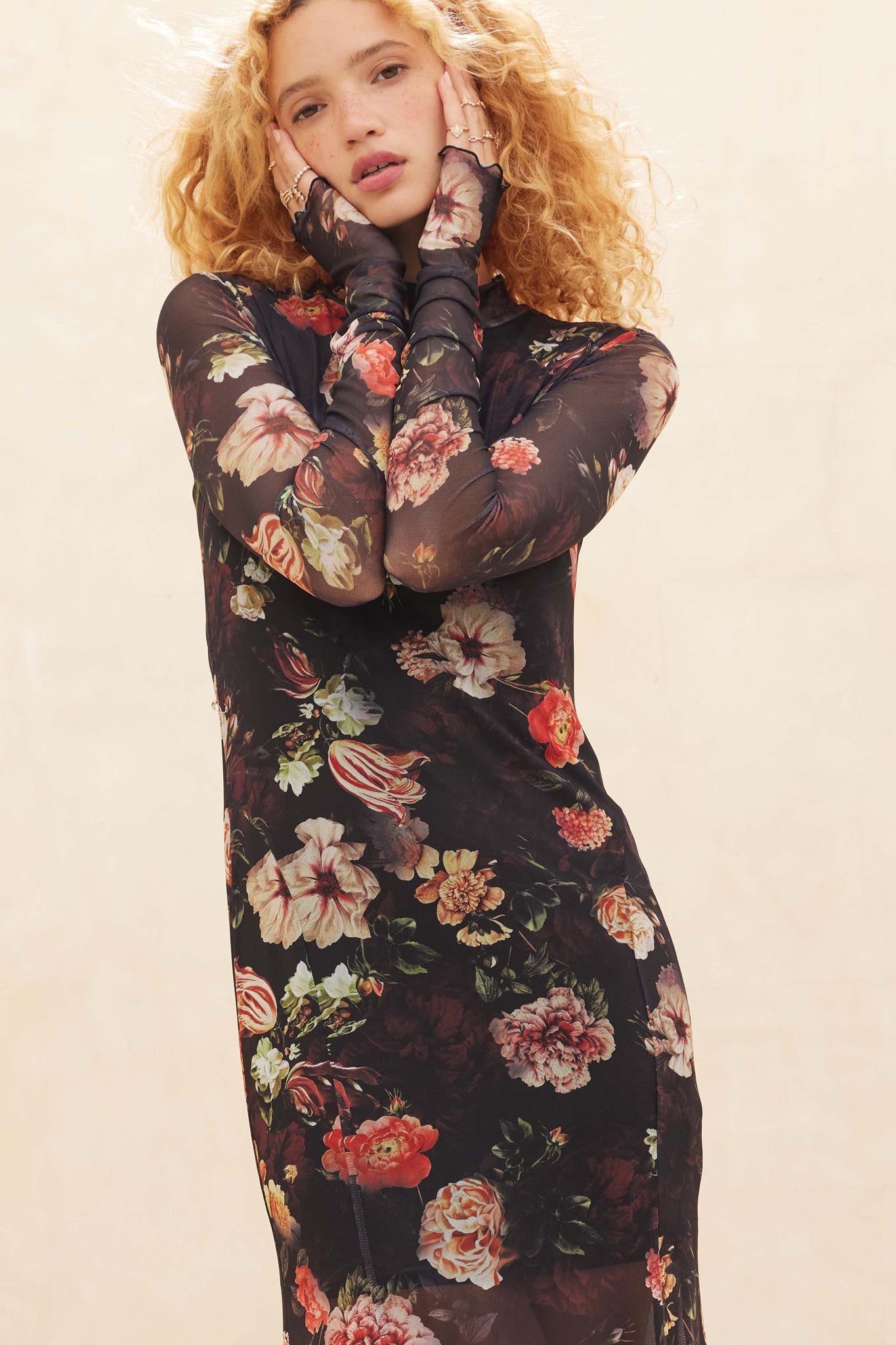 Heritage Blossoms Floral Mesh Mock-Neck Maxi Dress - ShopPromesa