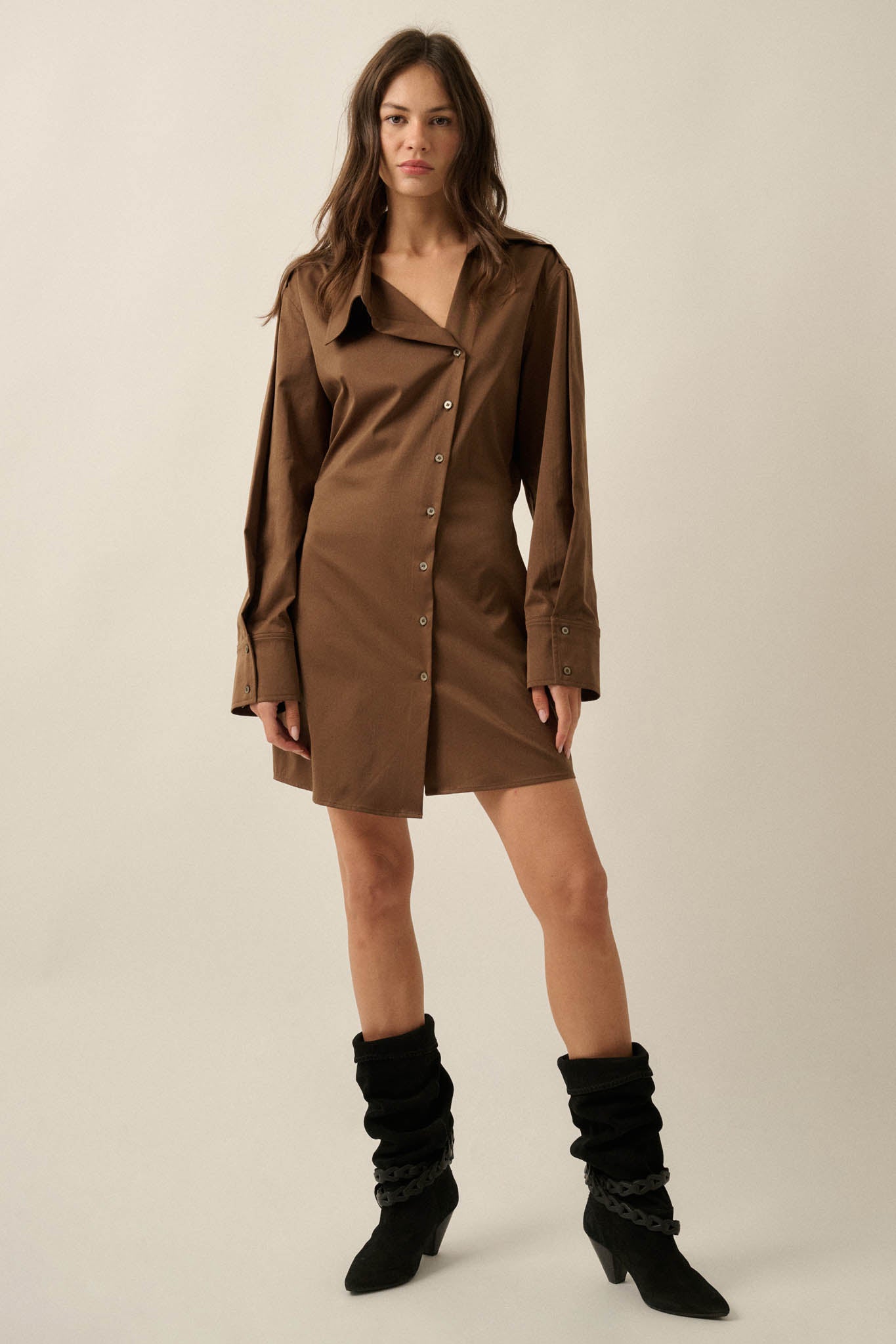 Manic Monday Satin Asymmetrical Mini Shirt Dress - ShopPromesa