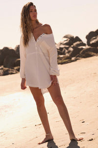 Early Bird Crinkle Cotton Henley Tunic Mini Dress - ShopPromesa