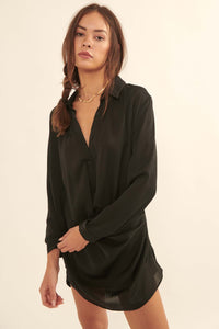 Bon Vivant Satin-Stripe Draped Mini Shirt Dress - ShopPromesa