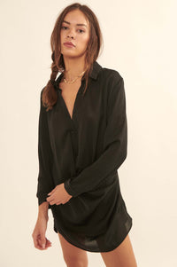 Bon Vivant Satin-Stripe Draped Mini Shirt Dress - ShopPromesa