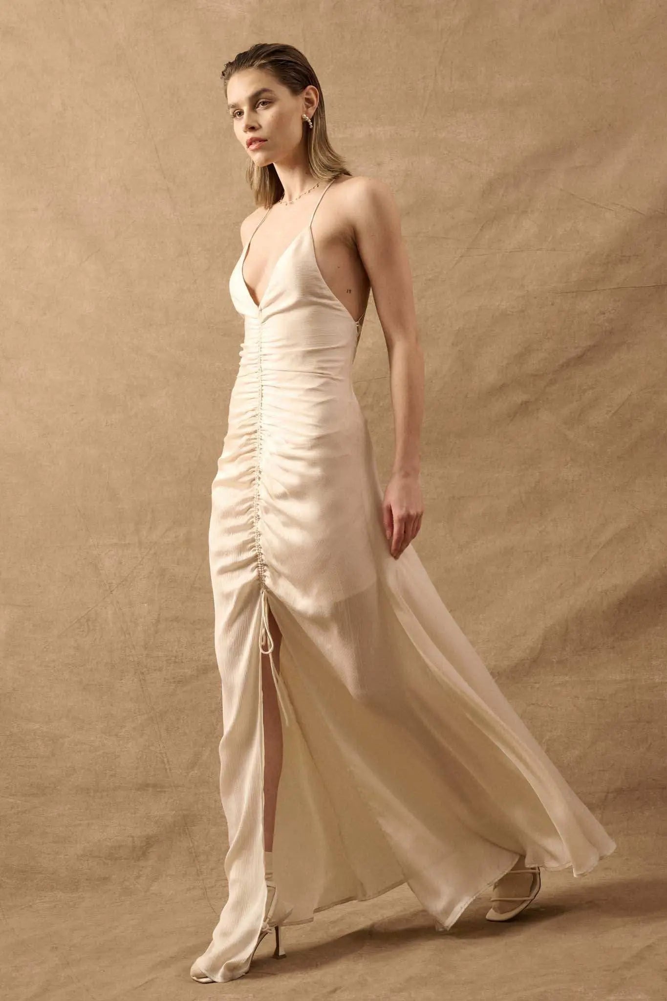 Gala Girl Textured Satin Drawstring Maxi Slip Dress Baby Blue / S Gala Girl Textured Satin Drawstring Maxi Slip Dress Baby Blue / S