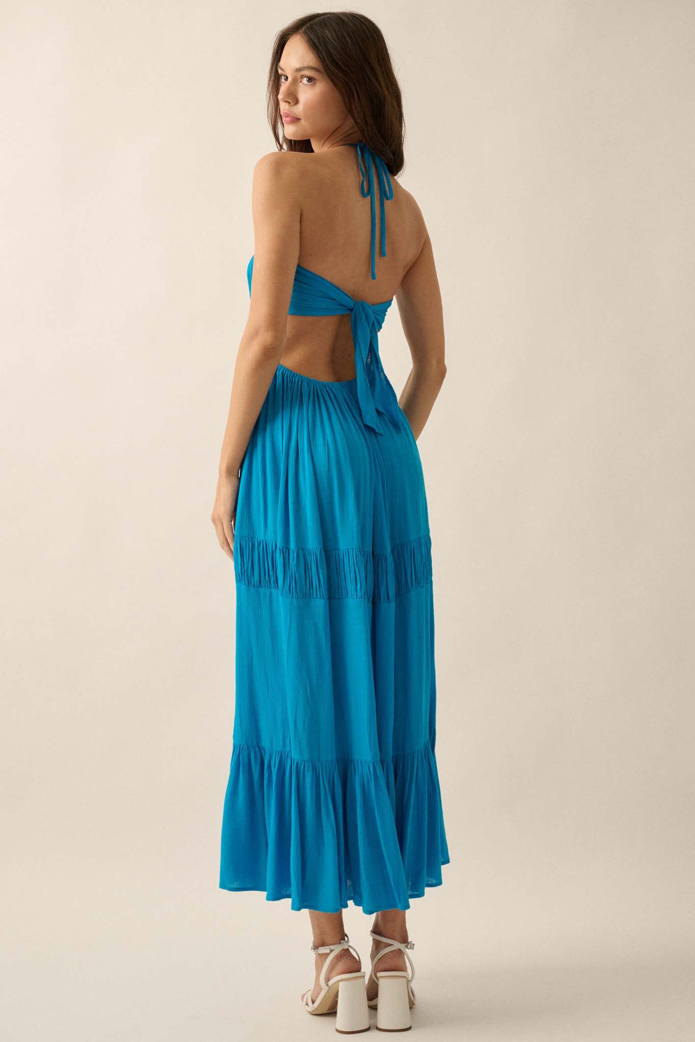 Tier to Stay Tiered Tie-Back Halter Maxi Dress - ShopPromesa