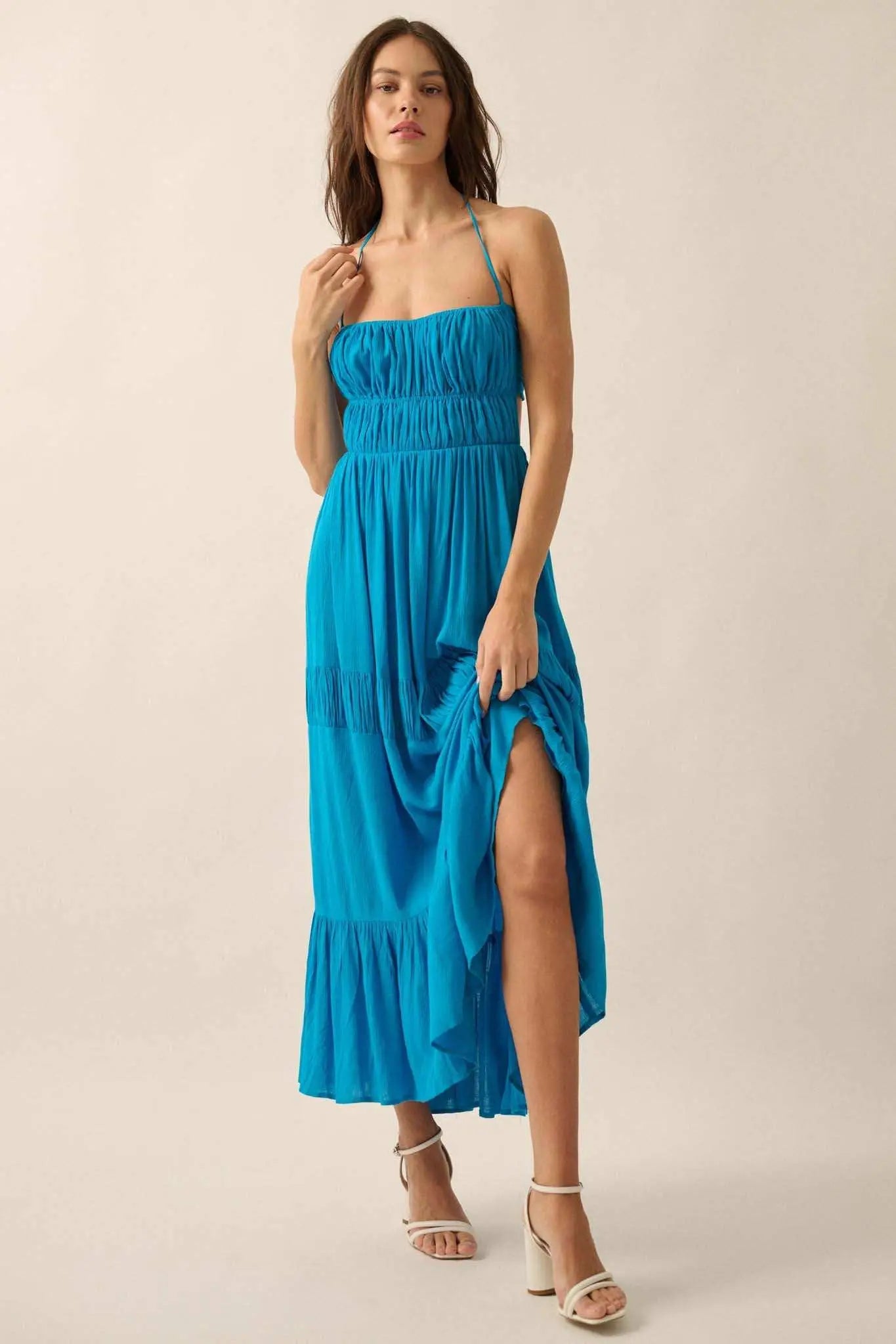 Tier to Stay Tiered Tie-Back Halter Maxi Dress Taupe / M Tier to Stay Tiered Tie-Back Halter Maxi Dress Taupe / M