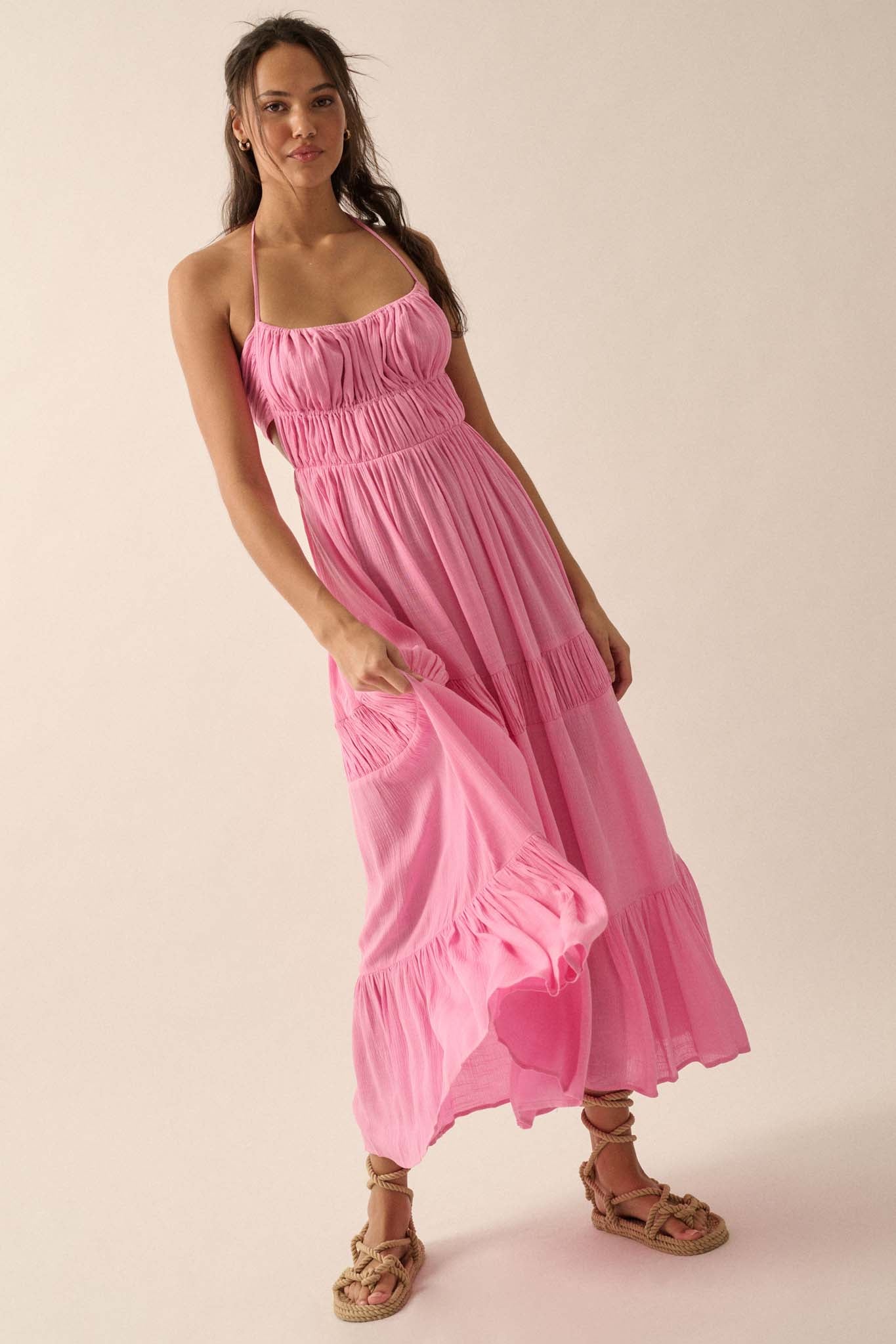 Tier to Stay Tiered Tie-Back Halter Maxi Dress - ShopPromesa