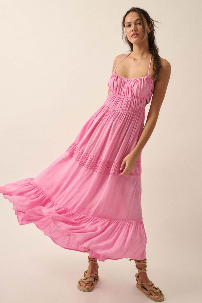 Tier to Stay Tiered Tie-Back Halter Maxi Dress - ShopPromesa