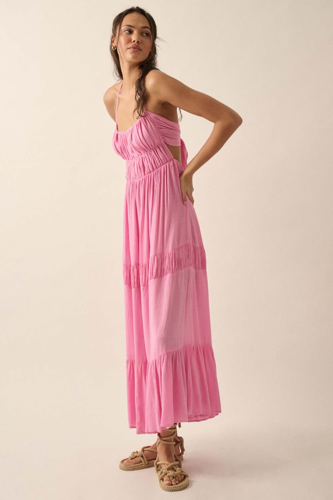 Tier to Stay Tiered Tie-Back Halter Maxi Dress - ShopPromesa