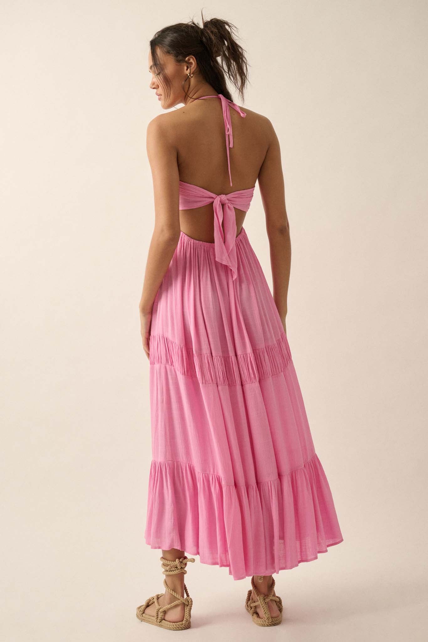 Tier to Stay Tiered Tie-Back Halter Maxi Dress - ShopPromesa