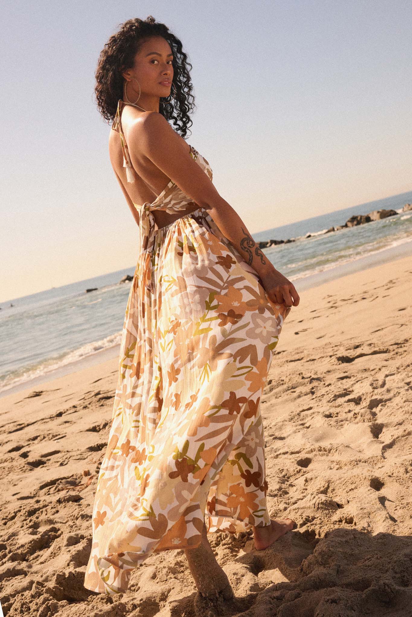 Jungle Blooms Floral Halter Tie Back Maxi Dress