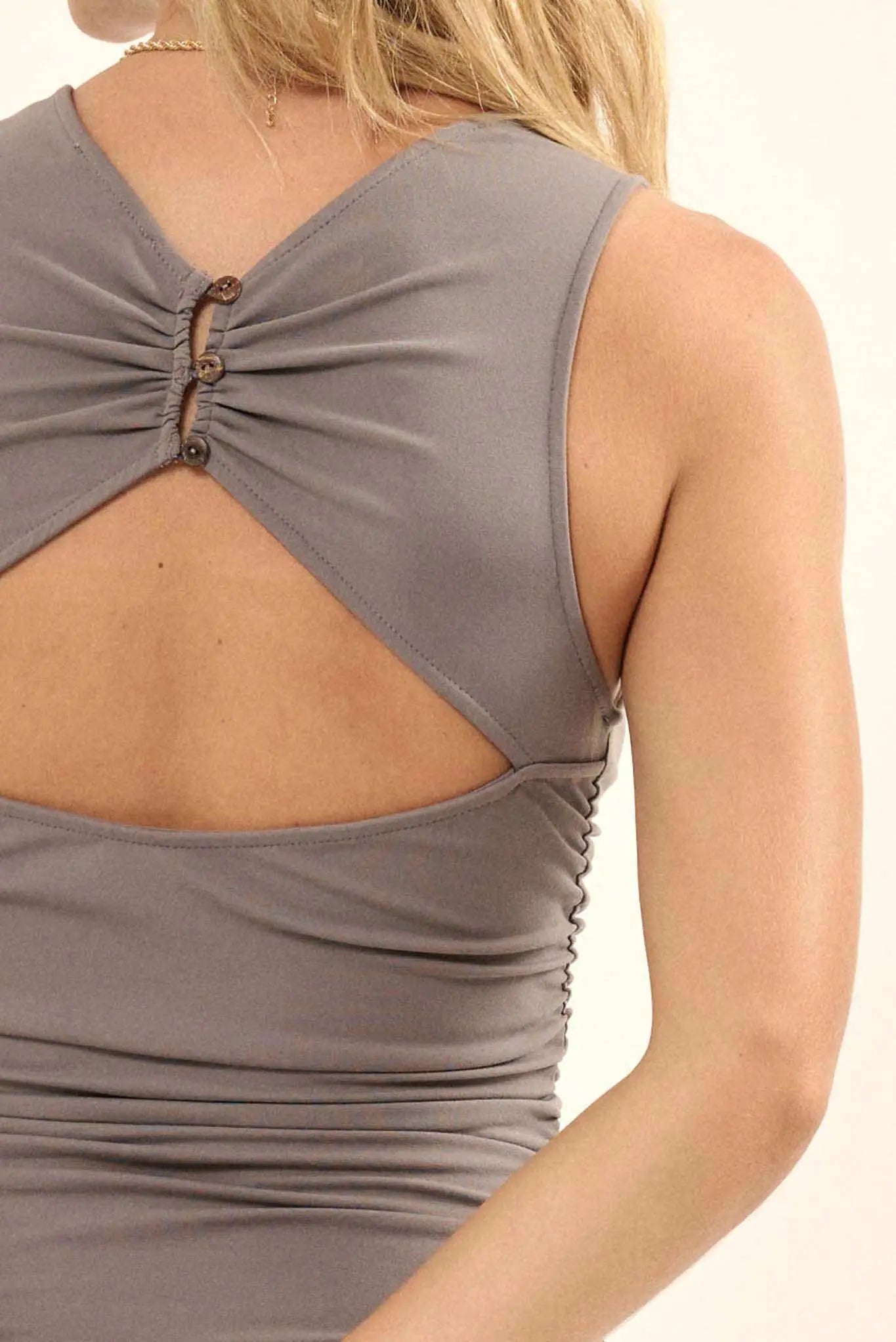 Lifted Fit Ruched Bodycon Cutout Midi Tank Dress Ash Grey / S Lifted Fit Ruched Bodycon Cutout Midi Tank Dress Ash Grey / S