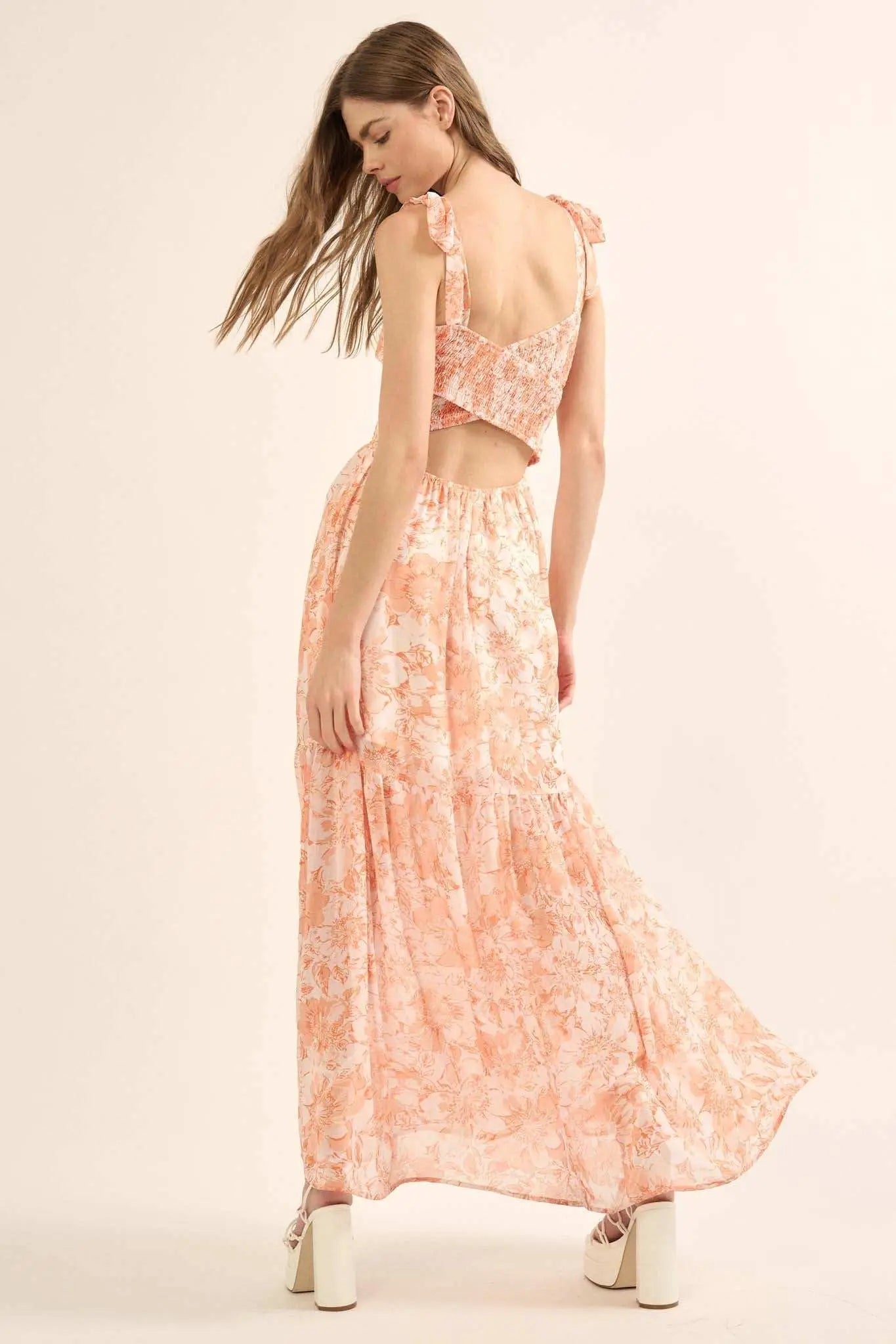 Ethereal Blooms Floral Chiffon Open-Back Maxi Dress Sunbaked / M Ethereal Blooms Floral Chiffon Open-Back Maxi Dress Sunbaked / M